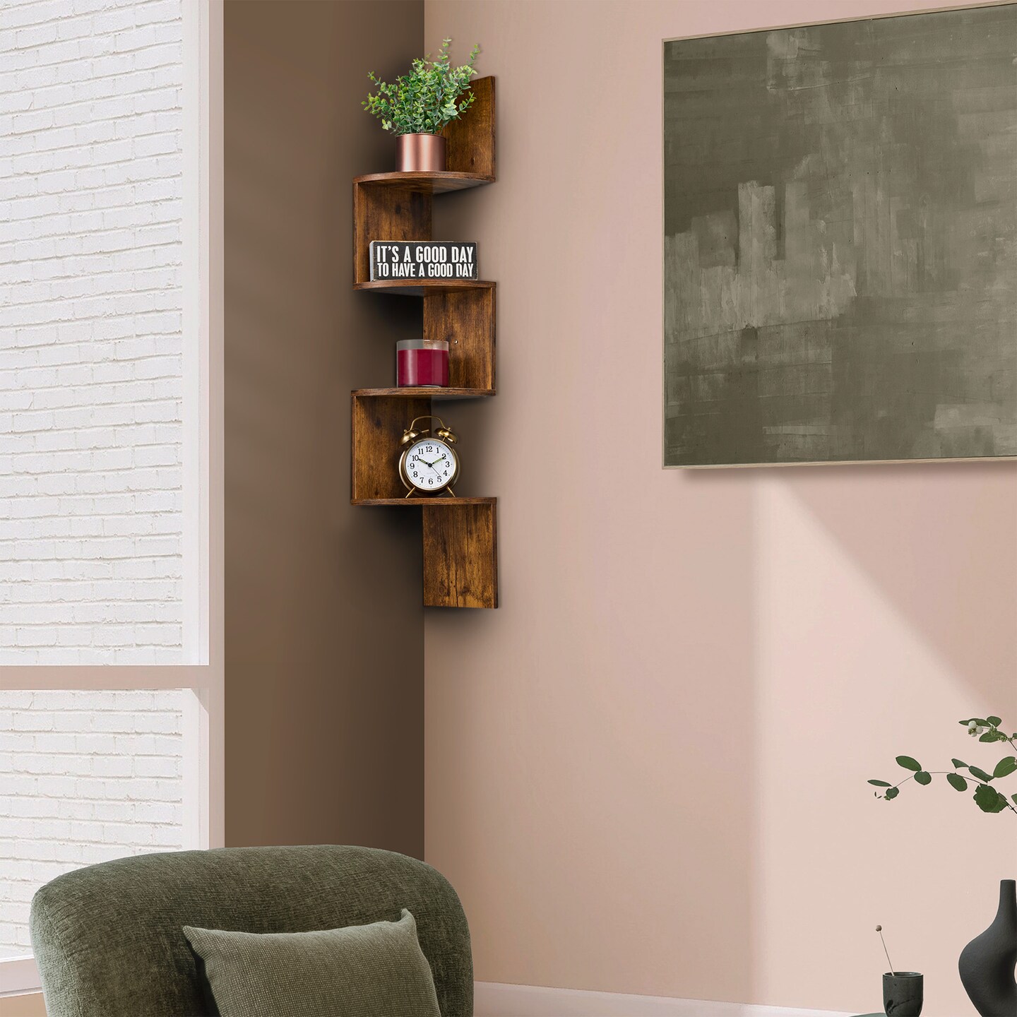 Sorbus 5-Tier Zig Zag Floating Corner Wall Bookshelf Unit - (40" Tall)