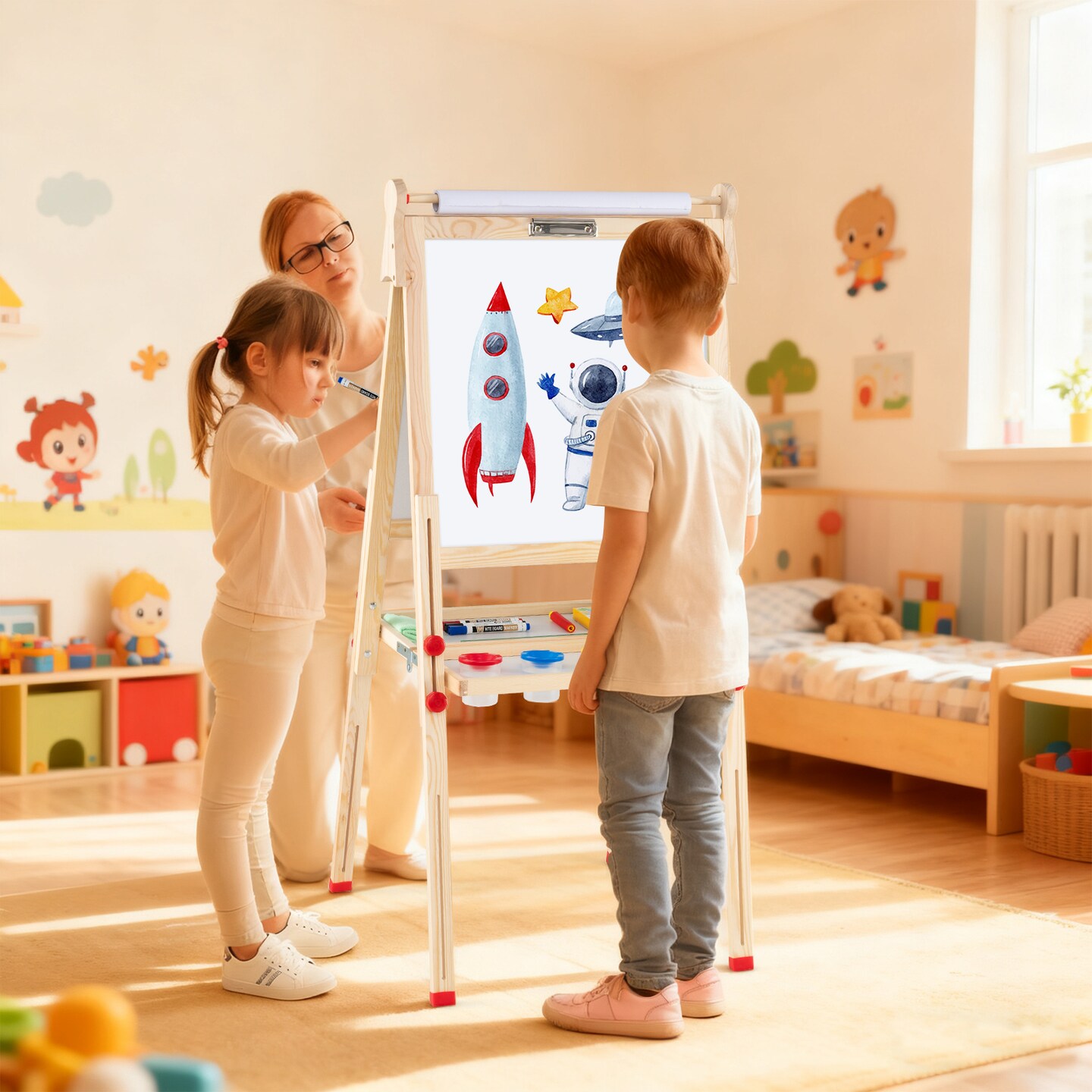 Natural Pine Wood Kids Art Easel 3 In 1 Magnetic Whiteboard Chalkboard Adjustable Height Foldable With Accessories Set For Kids 3–14