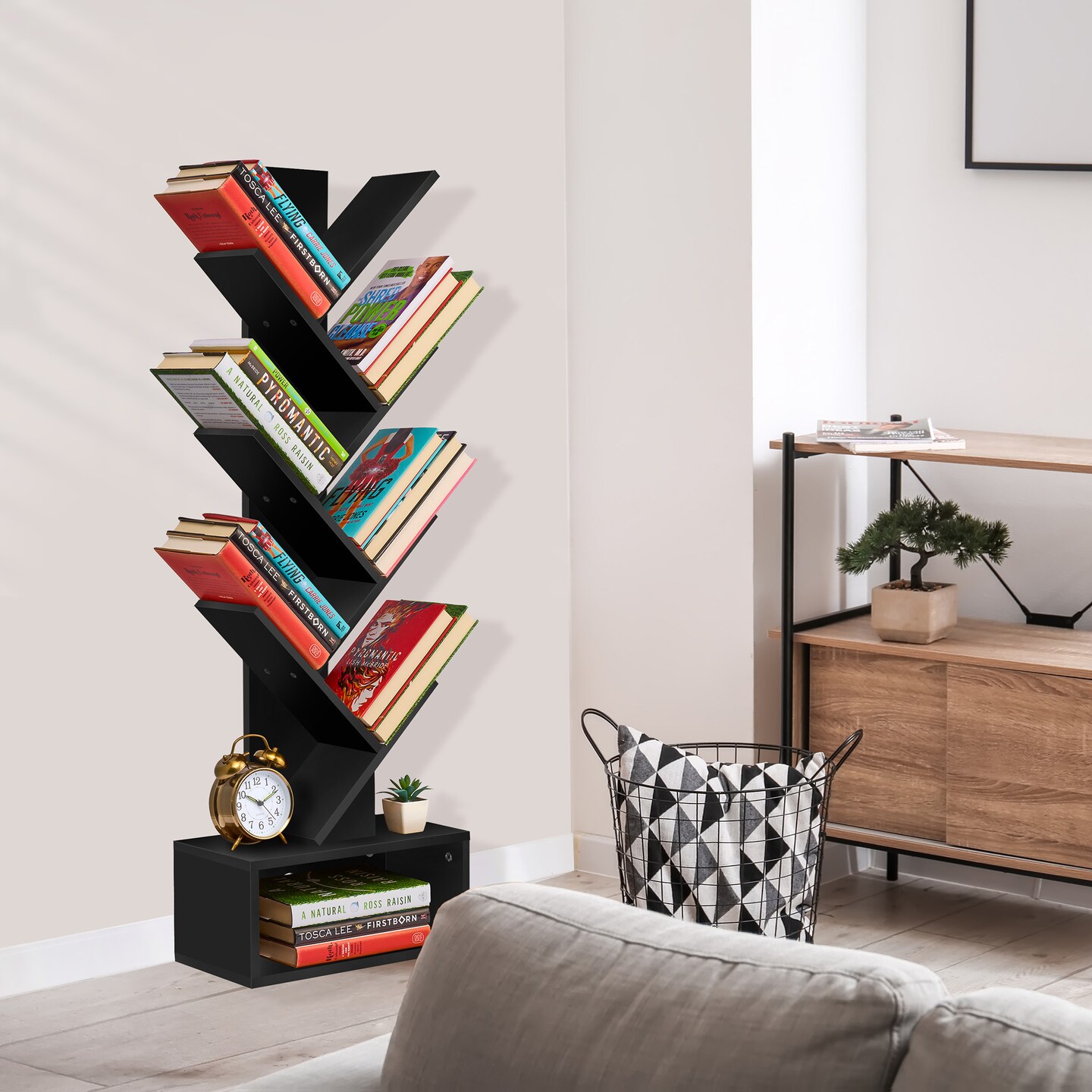 Sorbus 7-Tier Zigzag Tree Bookcase with Open Drawer for Books, Decor, and Accessories