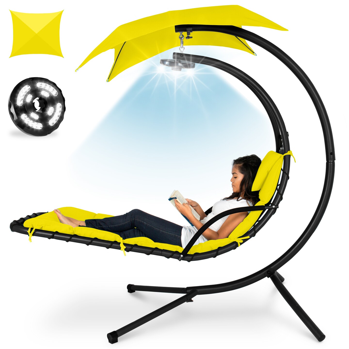 Best Choice Products Hanging LED-Lit Curved Chaise Lounge Chair for Backyard, Patio w/ Pillow, Canopy, Stand