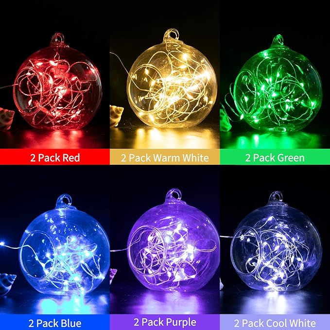 12 Pack Multi Color Led Fairy Lights Battery Operated String Lights Waterproof Silver Wire 7 Feet 20 Led Firefly Starry Moon Lights for DIY Wedding Party Bedroom Patio Christmas