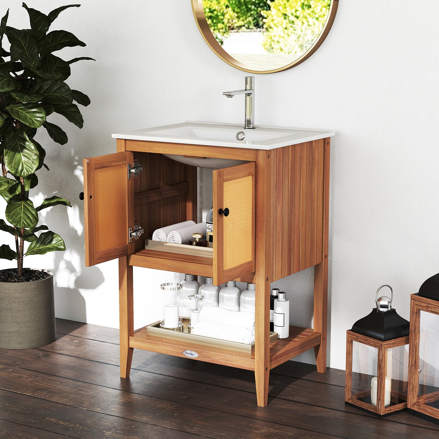 White Natural Bathroom Vanity Sink Cabinet with Rattan Doors and Shelf