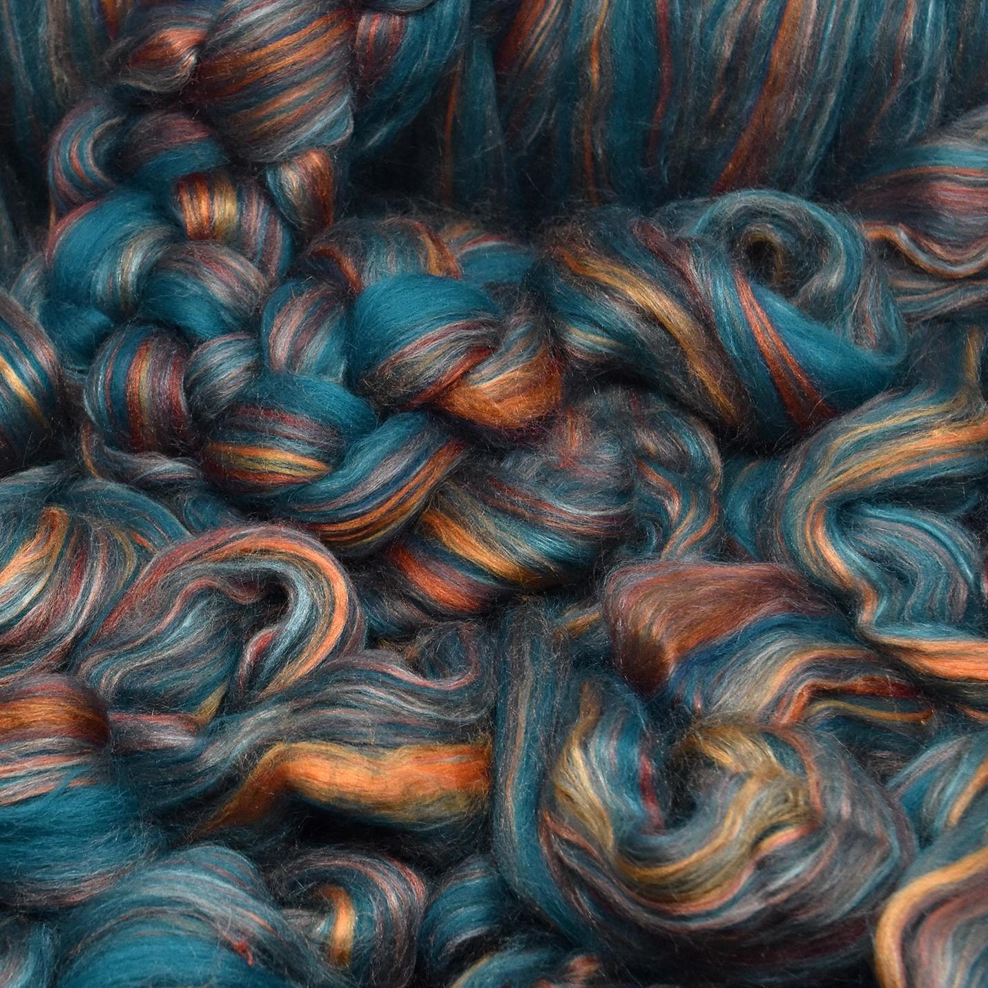 Designer Blend Shetland Wool and Tussah Silk Top Roving. Fancy, Colorful, Exotic - Limited Edition. Cyprus Sunset