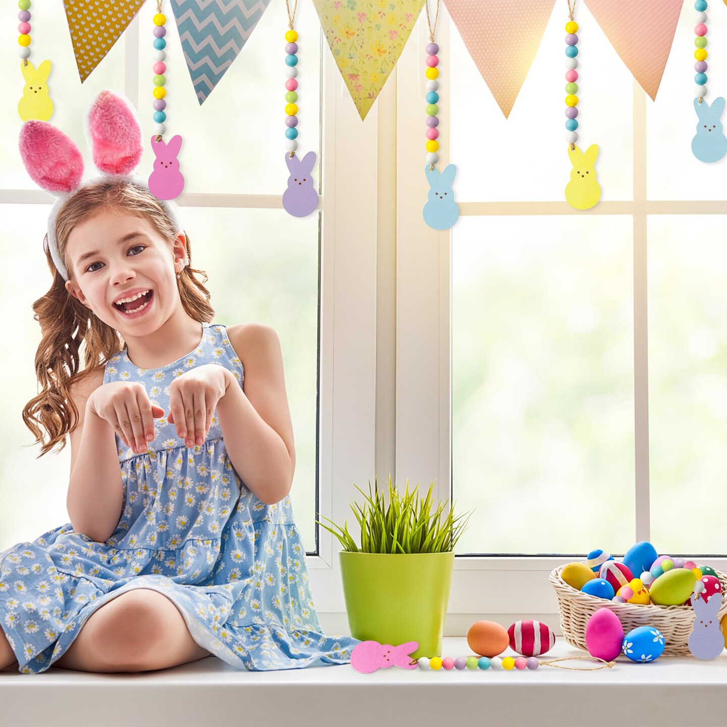 8pcs Easter Wood Bead Garland with Tassels, Peeps Bunny Wooden Hanging Ornament Decoration, Double-Sided Colorful Rabbit Pendant Hang Decor with Rope for Easter Spring Holiday Party Tree Wall