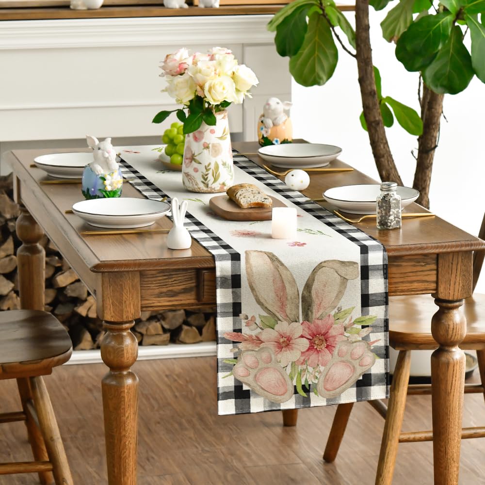 Buffalo Plaid Bunny Ear Foot Flower Easter Table Runner, Seasonal Spring Kitchen Dining Table Decoration for Home Party Decor 13x72 Inch