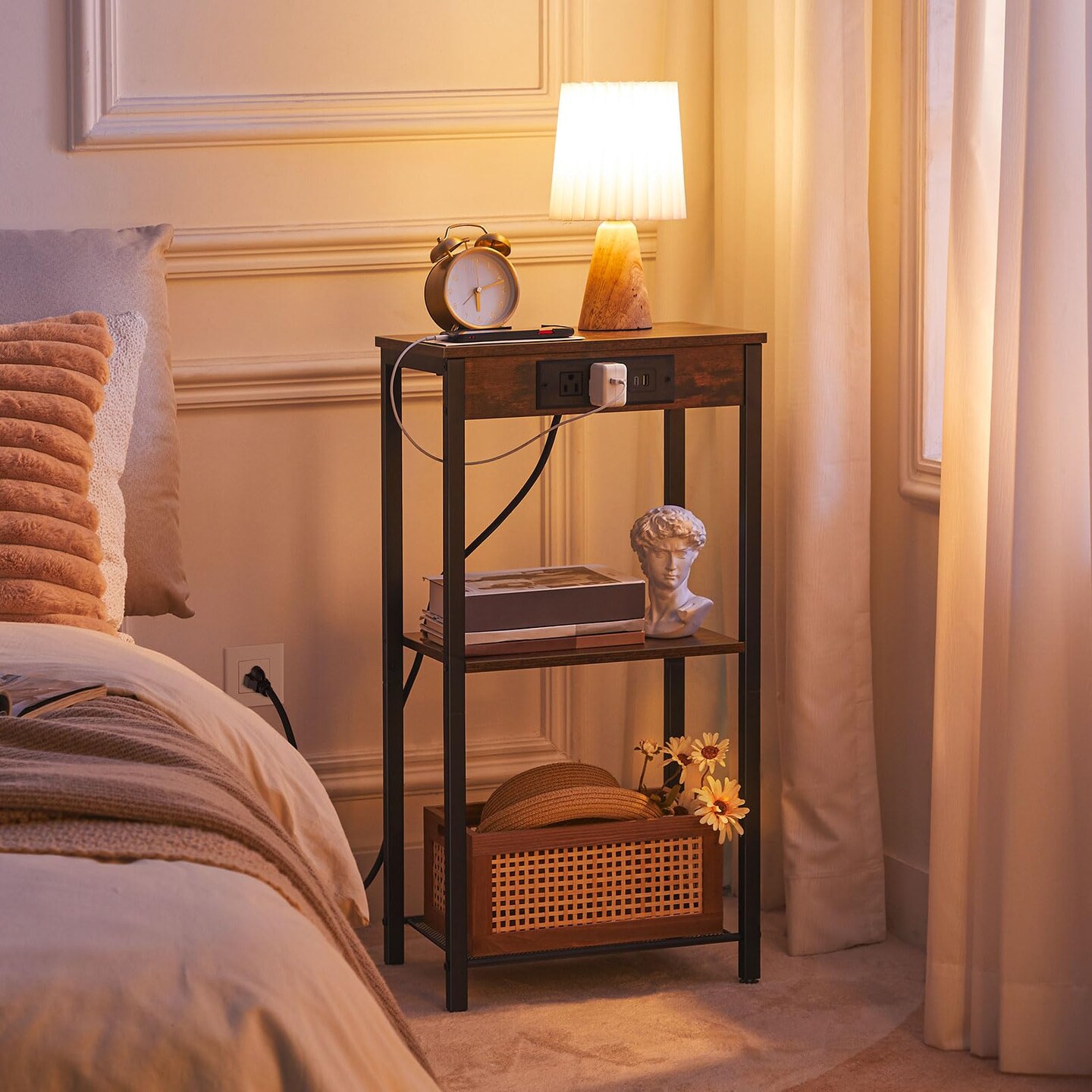 Brown Side Table Particleboard Metal with Power Outlet Adjustable Shelves