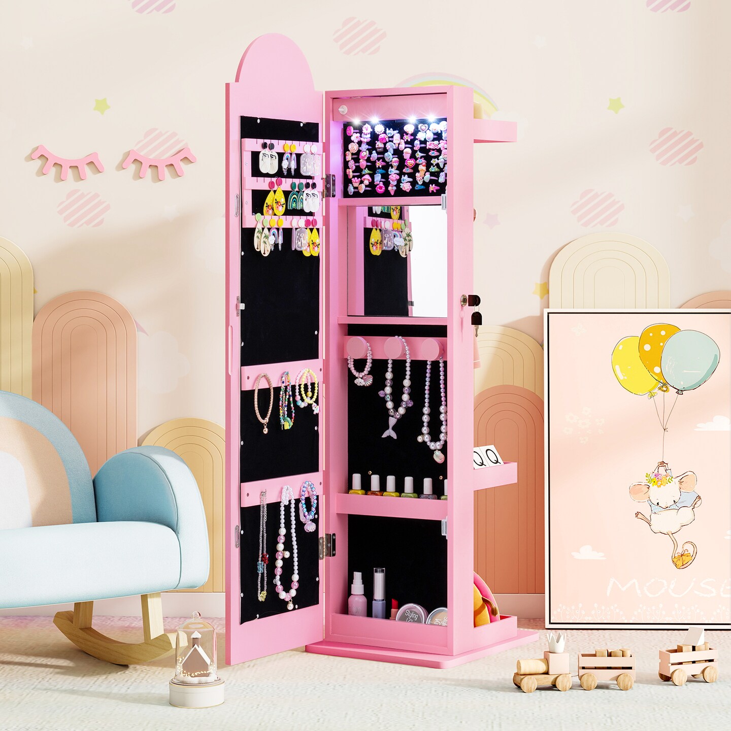 Kids Jewelry Organizer LED Mirror Full-Length 3-in-1 Storage MDF