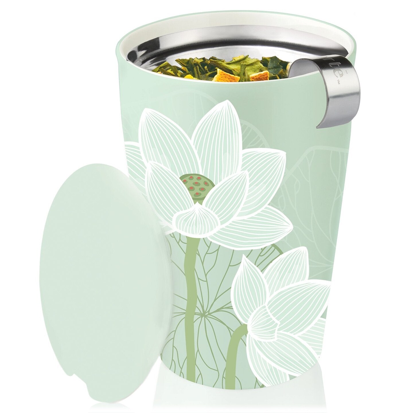 Tea Forte Double-Walled Ceramic Kati Cup, Removable Stainless Steel Infuser Basket and Lid, Steeps 12 oz Loose Leaf Tea, Dishwasher & Microwave Safe, Lotus Blossom