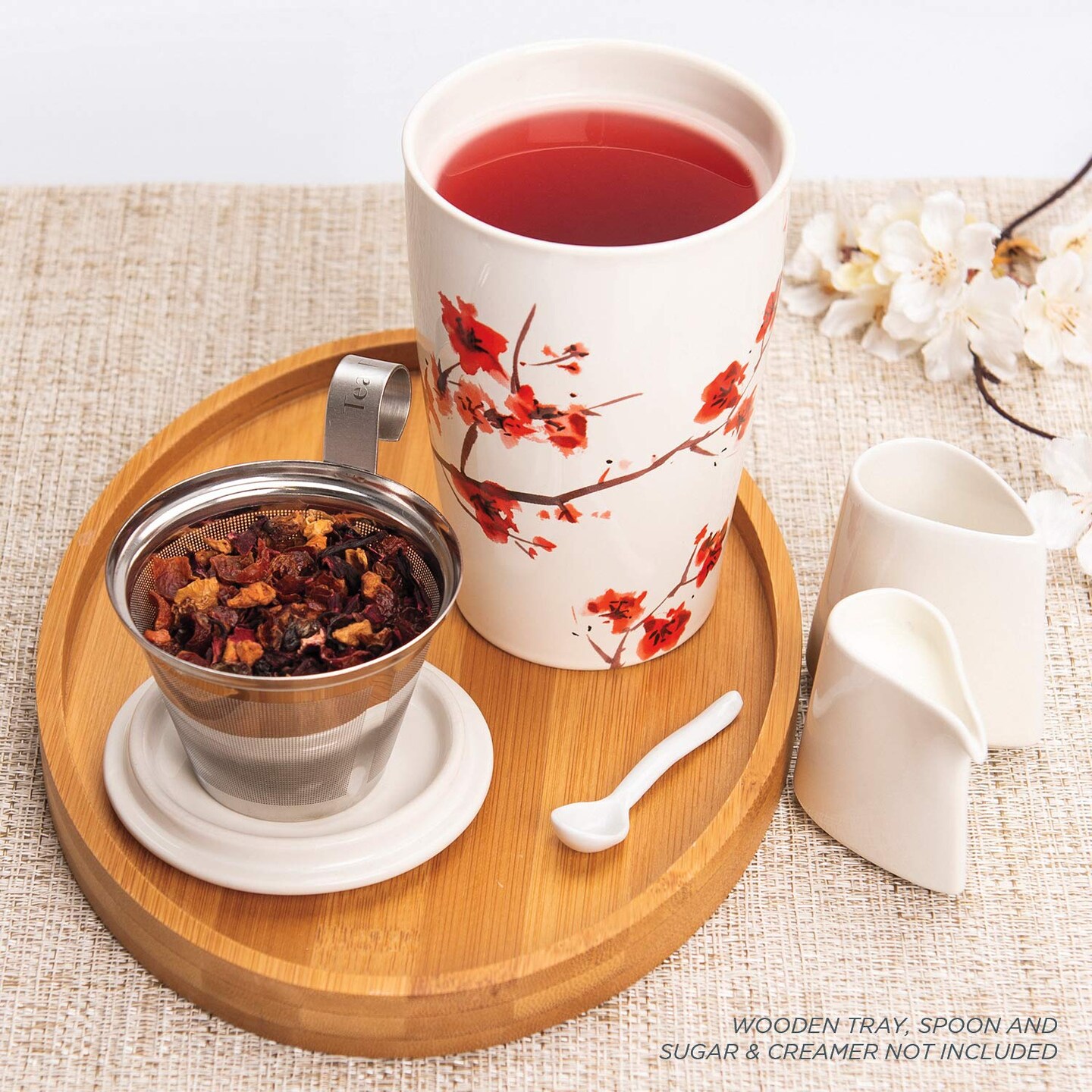 Tea Forte Double-Walled Ceramic Kati Cup, Removable Stainless Steel Infuser Basket and Lid, Steeps 12 oz Loose Leaf Tea, Dishwasher & Microwave Safe, Cherry Blossom
