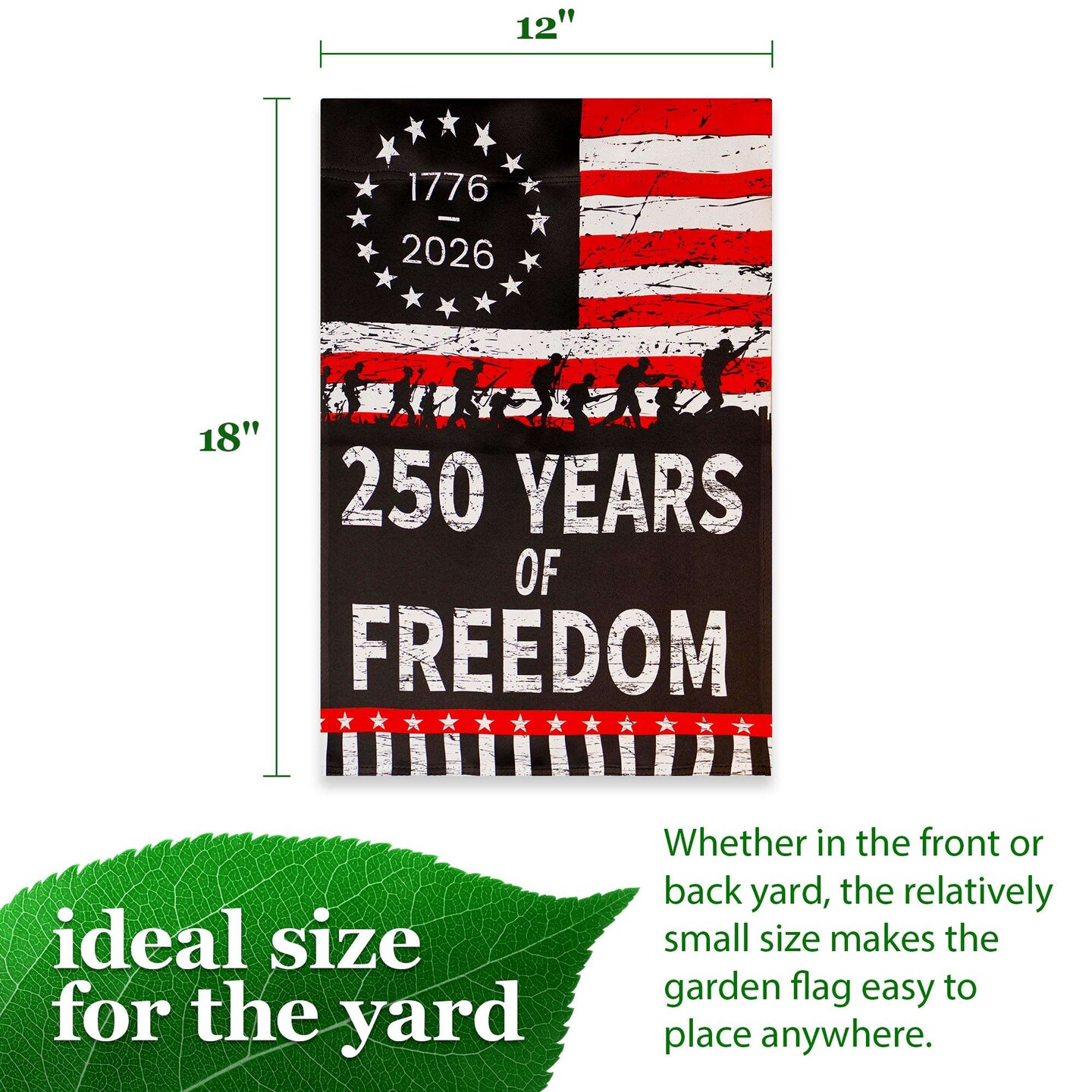 G128 USA 250th Anniversary Freedom Soldiers Garden Flag 12x18 In | Double Sided Printed Patriotic Yard Decoration | America 1776–2026 Celebration Flag for Lawn or Garden