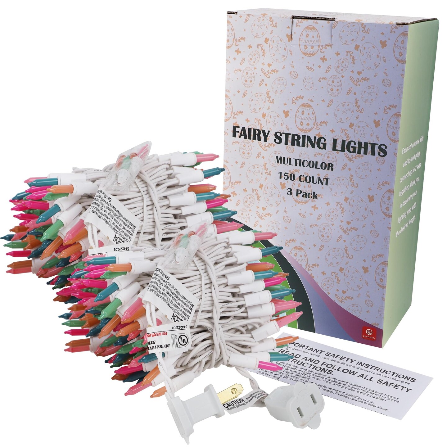 3 Sets Easter String Lights, 150 Count 30 FT Each White Wire Mini Pastel Fairy Lights, 120V UL Certified Connectable Xmas Lights for Garden Patio Holiday Party Outdoor Decoration, Multicolor