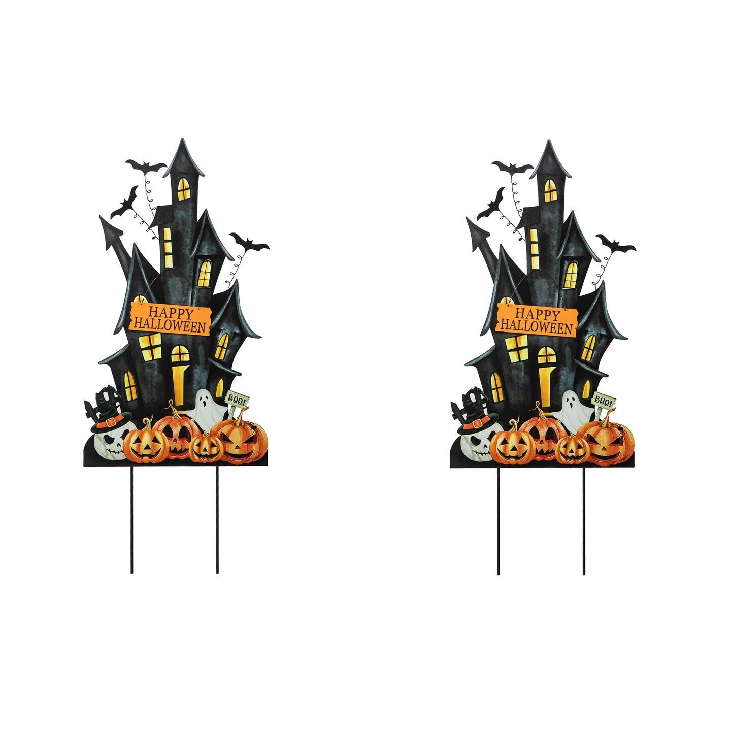 Set of 2 32&#x22;H Halloween Metal Haunted House Yard Stake