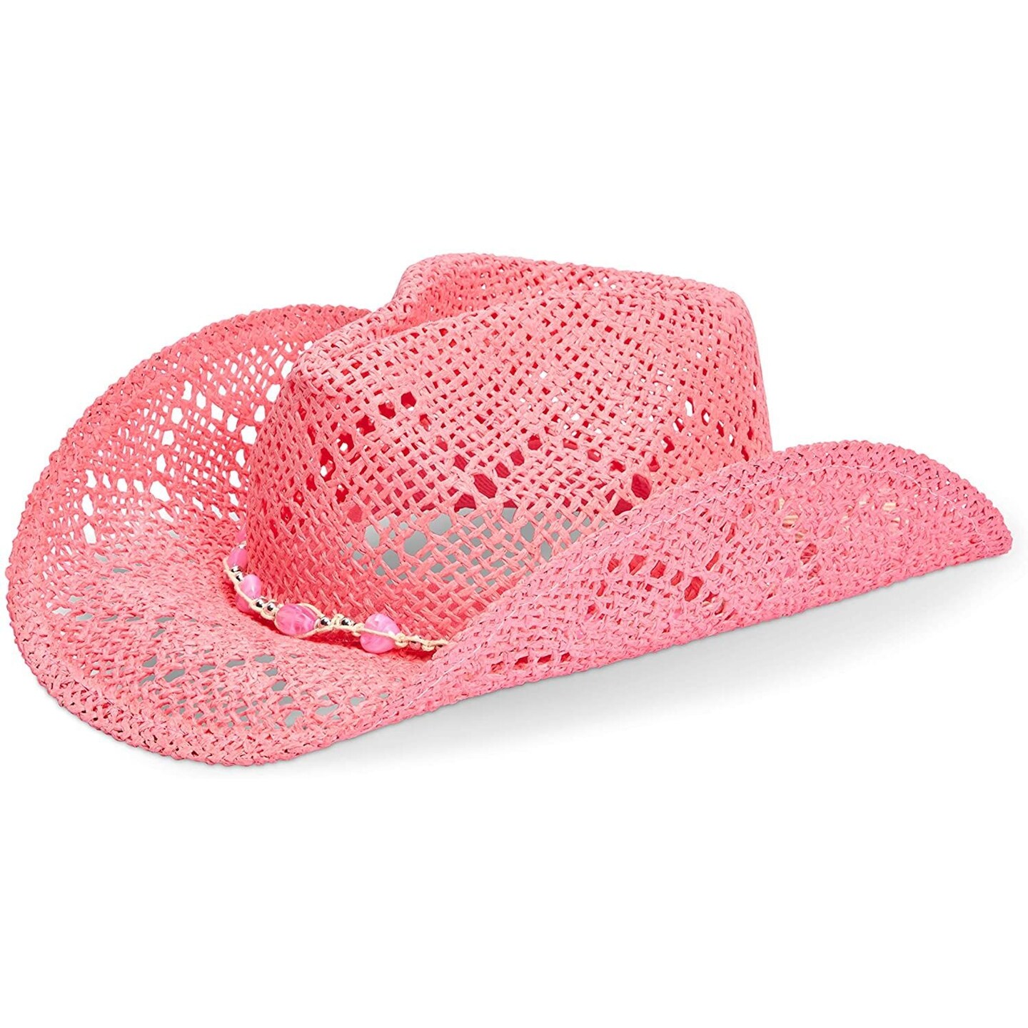 Pink Cowboy Hat For Women - Pink Straw Beach Hat, Cute Cowgirl Hat with Beaded Heart Trim and Braided Chain (Adult Size)