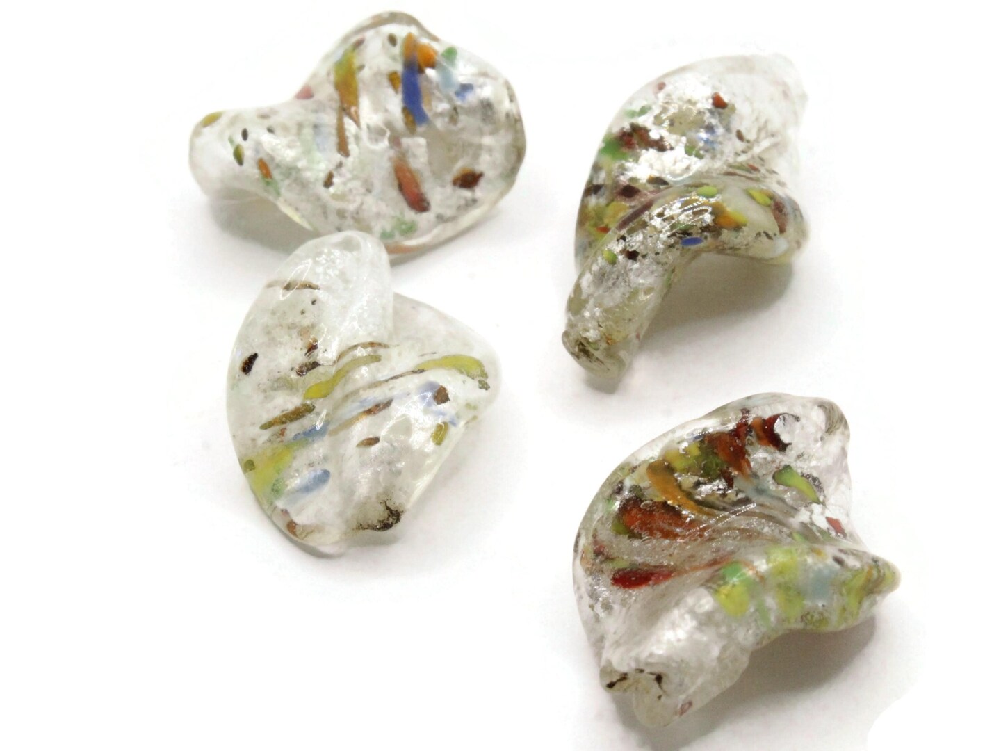 4 25mm Clear with Rainbow Speckles Lampwork Glass Flat Oval Twist Beads