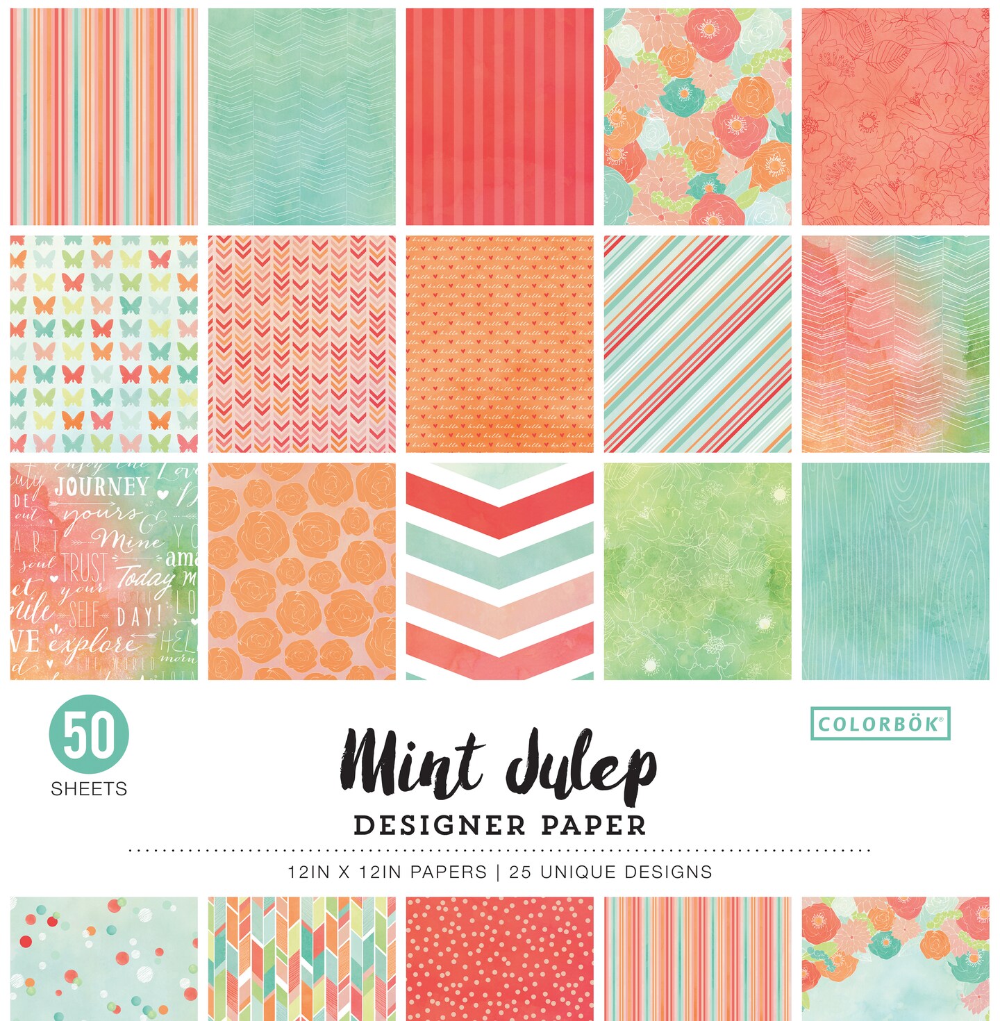 Colorbok 68lb Designer Single-Sided Paper 12"X12" 50/Pkg-Mint Julep, 25 Designs/2 Each