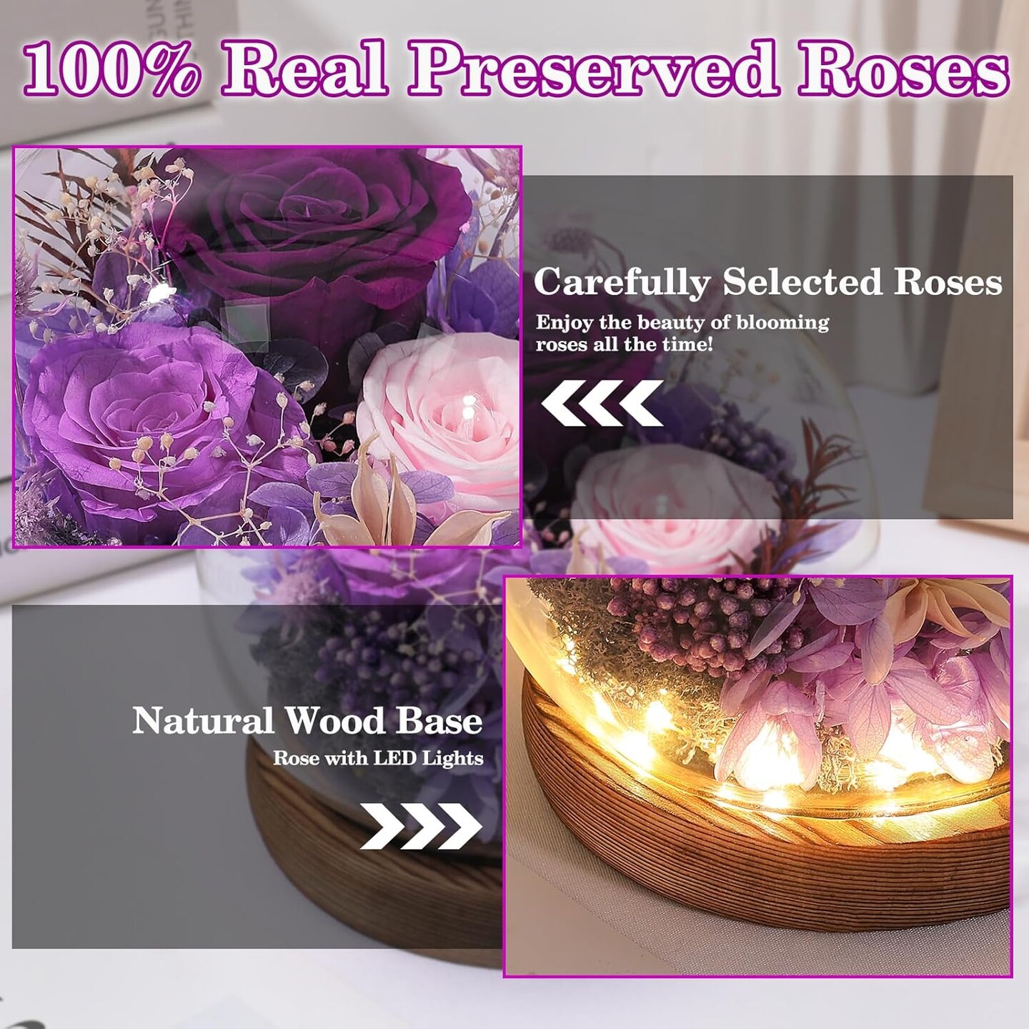 Gifts for Women Preserved Flowers in Glass Dome Long-Lasting Eternal Roses Mothers Day Birthday Gifts for Mom Grandma Wife Girlfriend Purple Forever Flowers for Delivery Prime