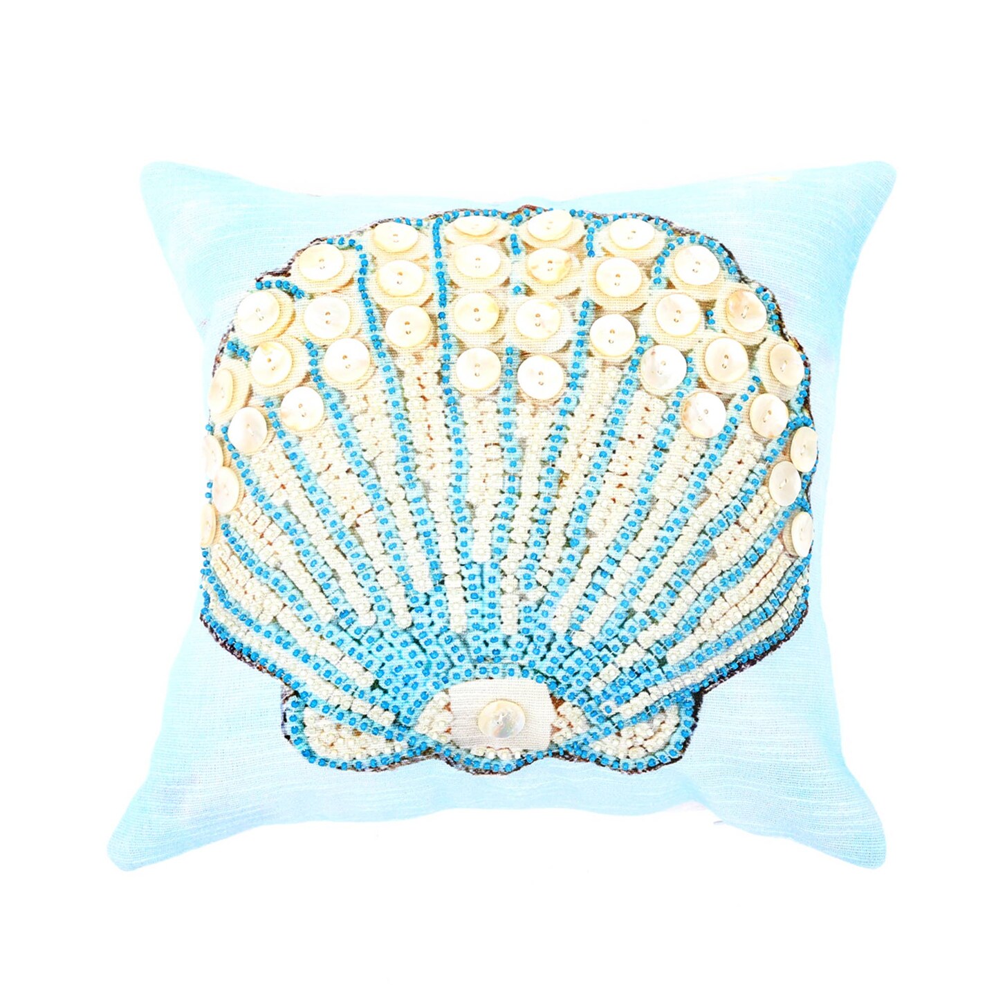 Handcrafted Print and Beadwork Seashell Throw Pillow-Blue &#x26; Ivory 18&#x22;x18&#x22; Cushion