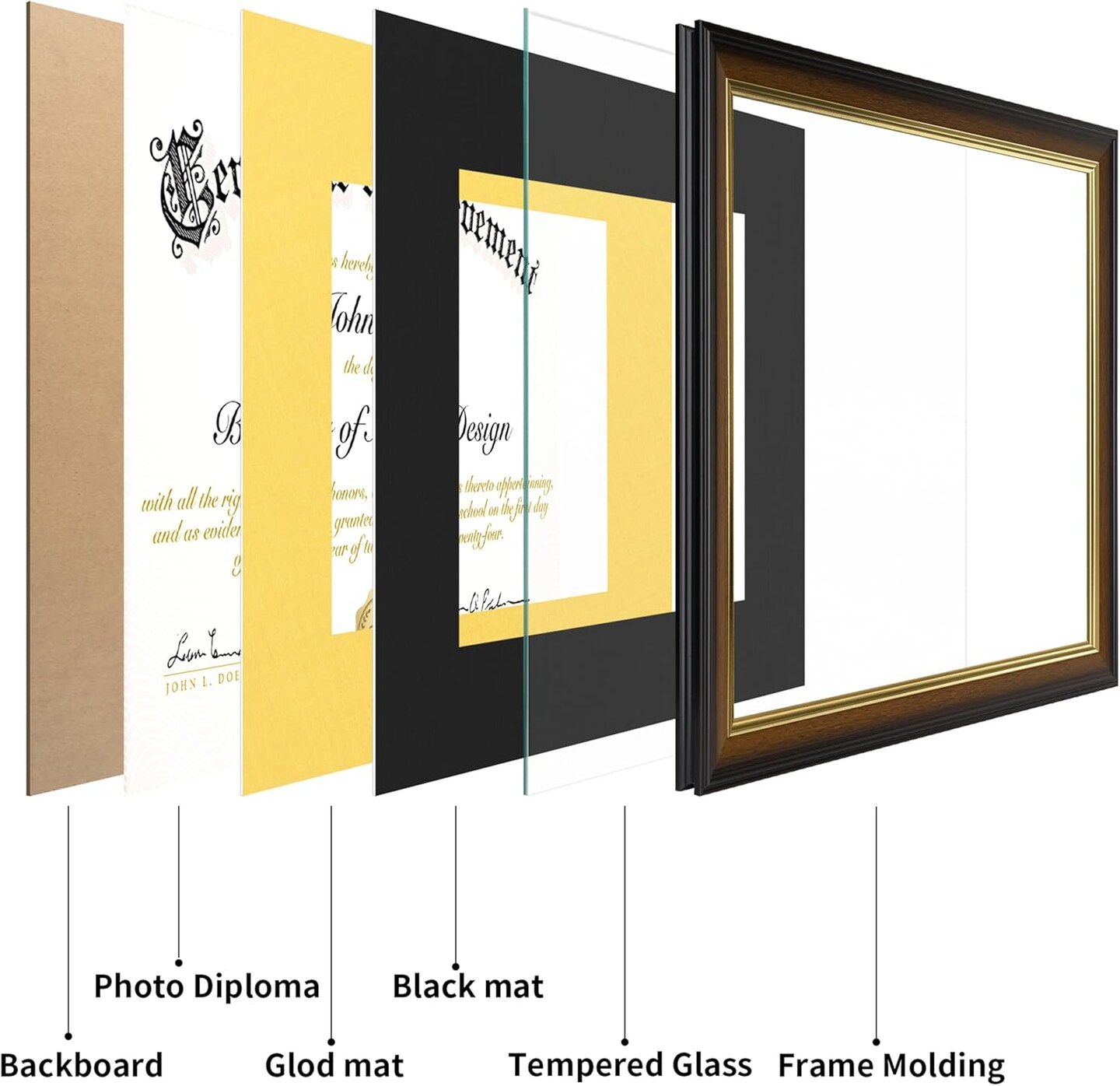 8.5x11 Diploma Frame with Black over Gold Acid-free Mat or Display 11x14 Document without Mat, Certificate Frame with Tempered Glass, Tabletop or Wall Mount (1 Pack, Walnut/Black)