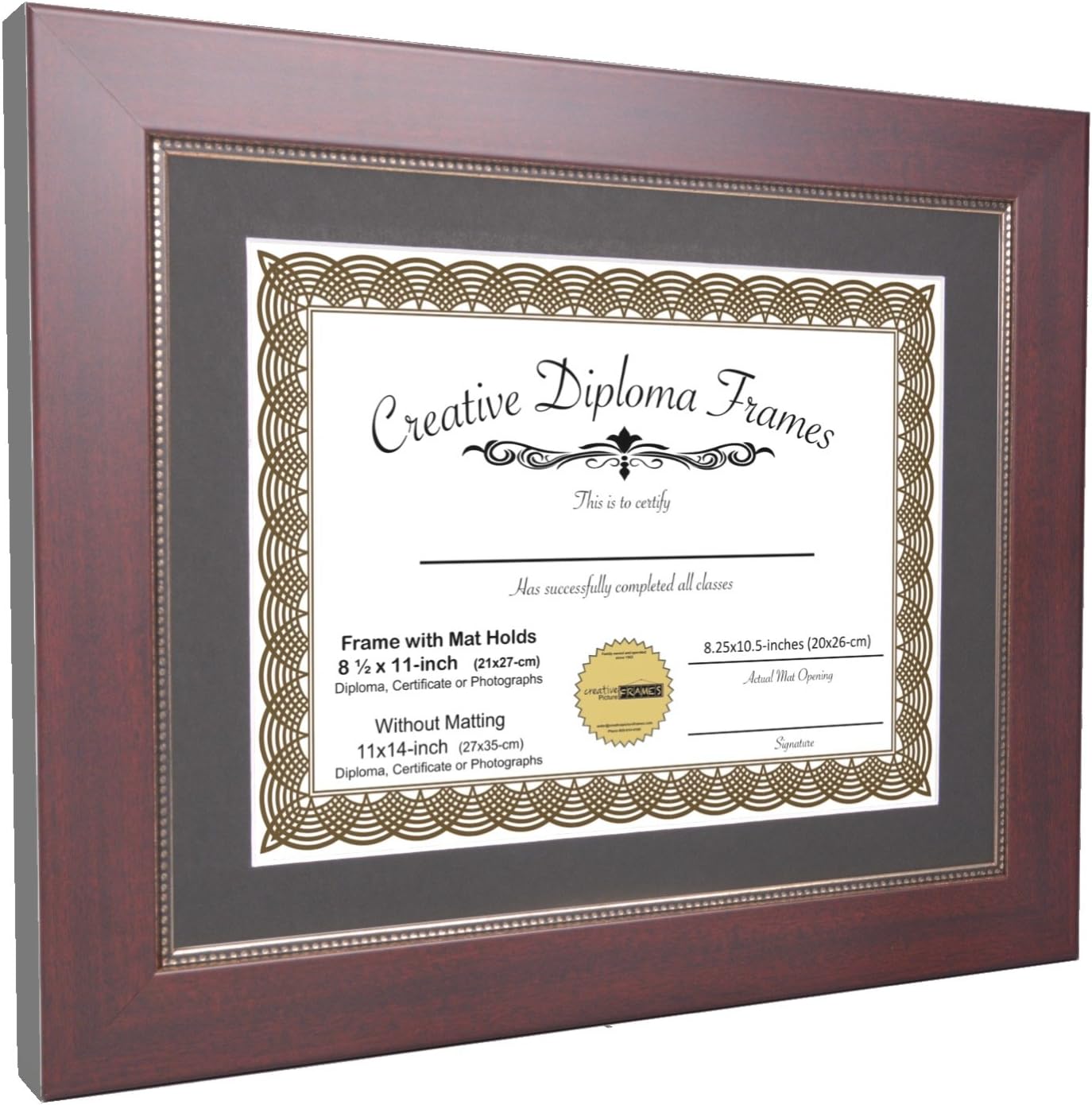 8.5x11-inch Matted Mahogany Diploma Frame with Printed Gold Relief with Self Standing Easel and Installed Wall Hangers