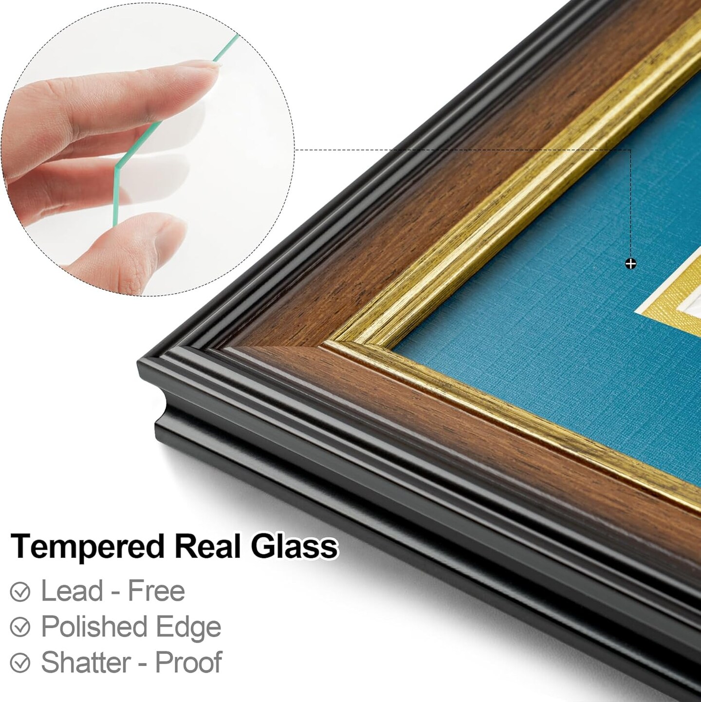 11x14 Diploma Frame with Mat for 8.5x11 Certificate, Document Frame with Navy Over Gold Acid-free Mats &#x26; Tempered Glass, Tabletop or Wall Mount, 2 Pack, Walnut/Blue