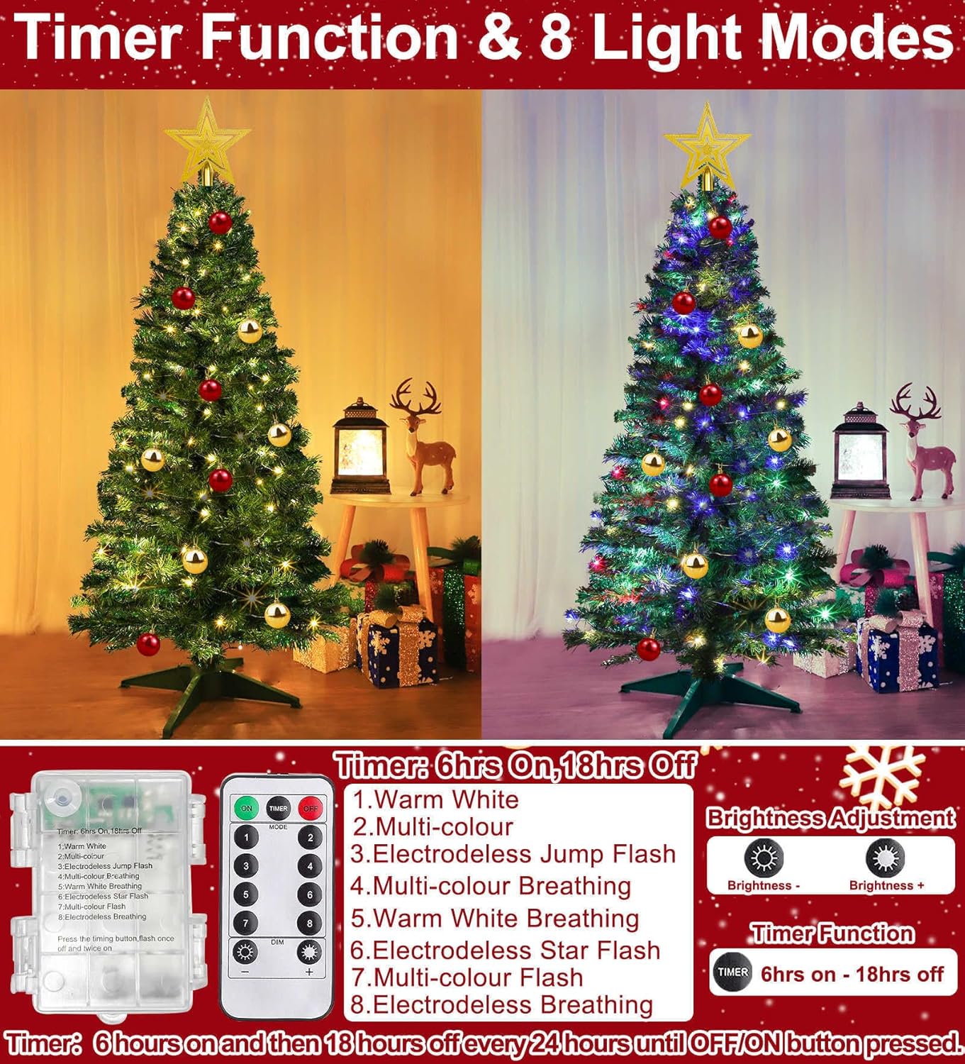 4 Ft Christmas Tree Remote Control 8 Modes Dual Color Change Timer 100 Warm White&#x26;Colored Lights 18 Christmas Ball Ornaments 3D Star Battery Operated Small Xmas Tree Table Indoor Holiday Party Decor