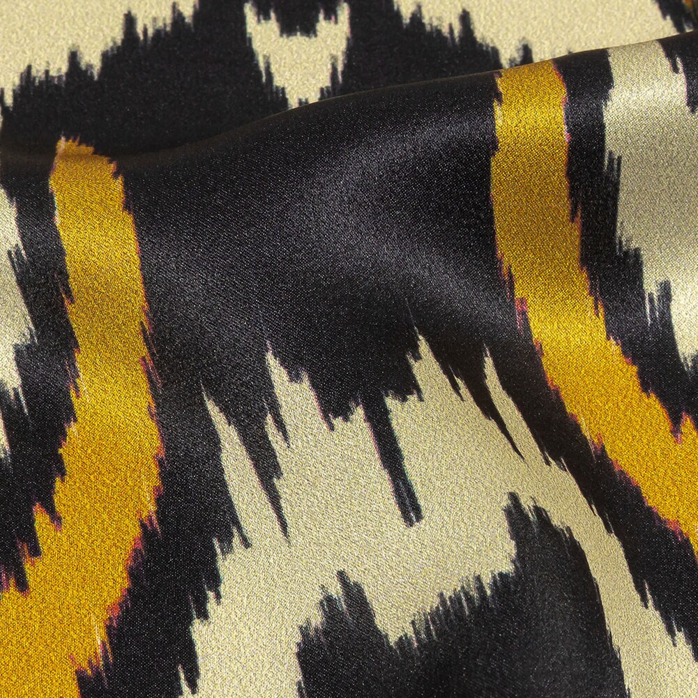 1 Yard Italian Silk Charmeuse 52" Wide Black, Mustard & Brown Ikat Spots Print Fabric