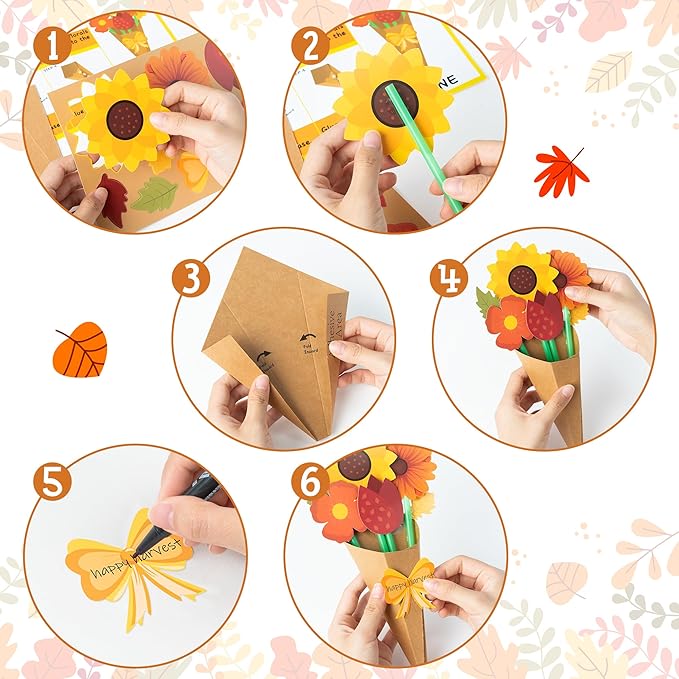 Flower Bouquet Craft Kit - 24Pcs Fall Flower Bouquet Craft for Kids Make Your Own Thankful Flower Bouquet Autumn Fall Florals Thanksgiving DIY Gift Craft School Classroom Home Fun Activities