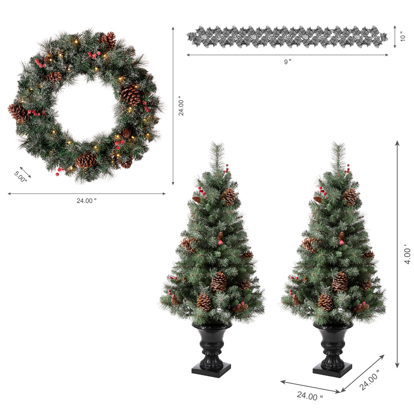 Set of 5 24&#x22;D Pre-Lit Glittered Pine Cone Christmas Wreath &#x26; 9FT Garland &#x26; 4FT Porch Tree Set