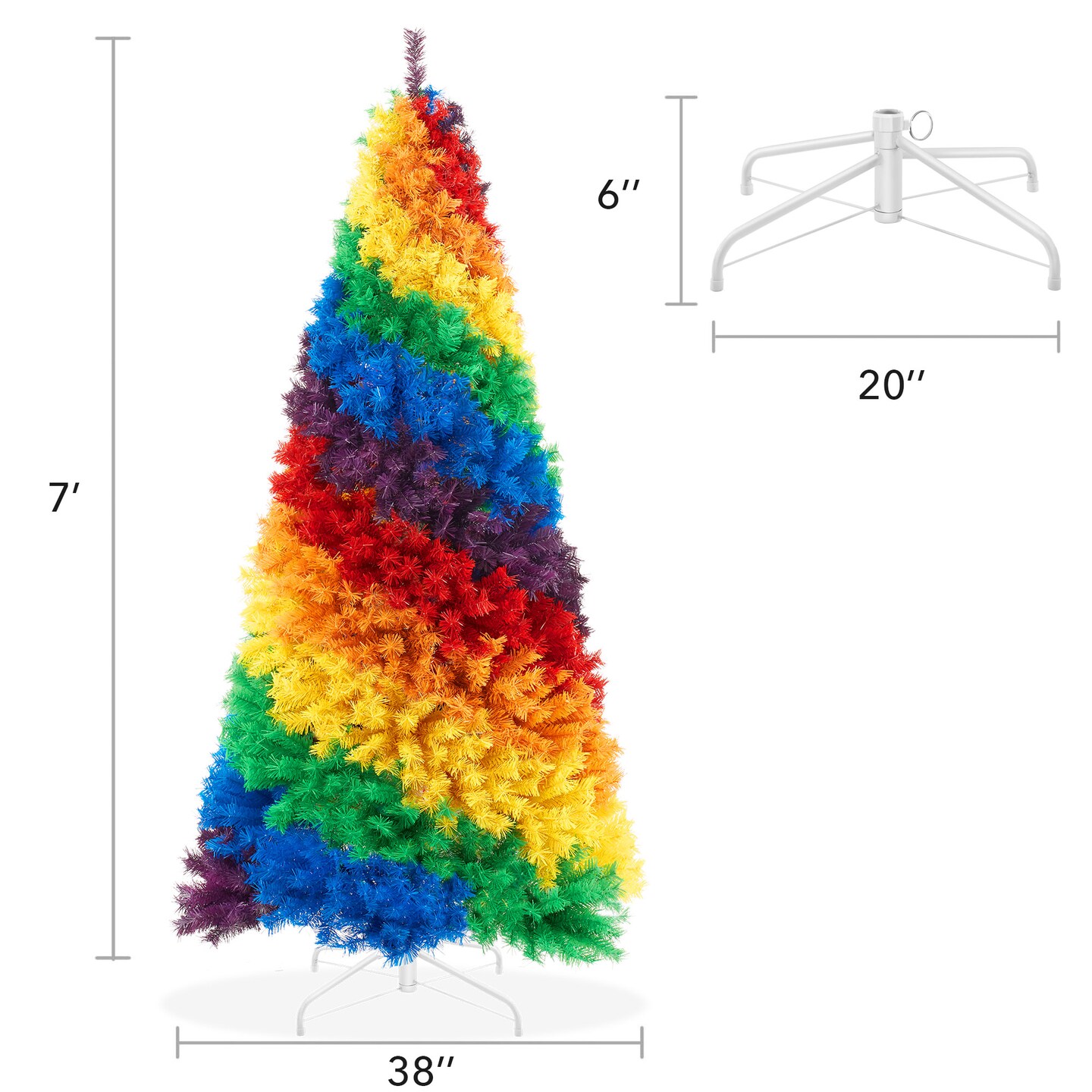 Casafield 7FT Artificial Colorful Rainbow Christmas Tree, Full Fir Holiday Decoration with 1,213 Branch Tips and Sturdy Metal Stand