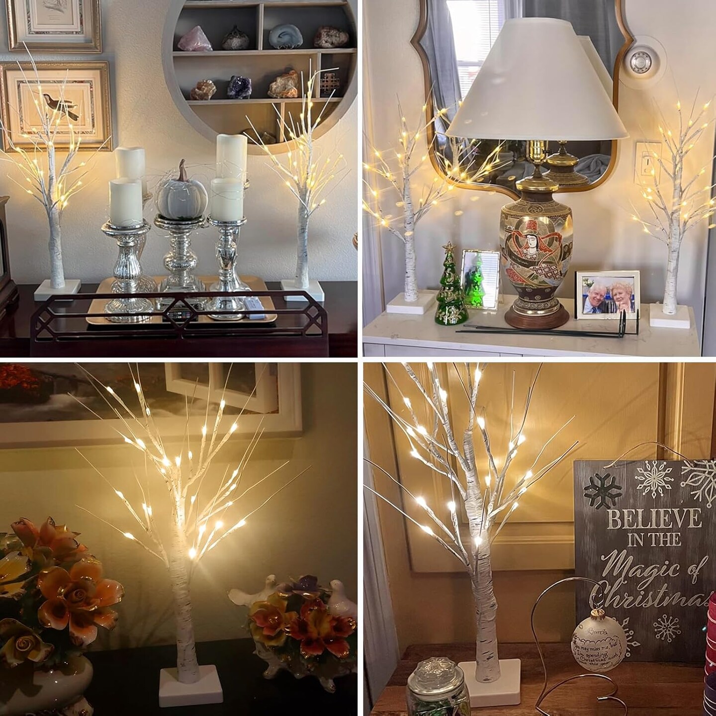 2-Pack 2FT Lighted Birch Tree with Timer for Christmas Decorations, Artificial Tree Christmas Decor Birch Tree with 48 LED Warm White Lights, Tabletop Centerpiece