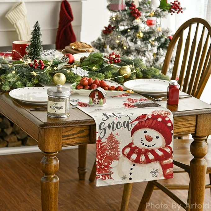 Snowman Christmas Table Runner, Seasonal Winter Holiday Kitchen Dining Table Decoration for Home Party Decor 13x72 Inch