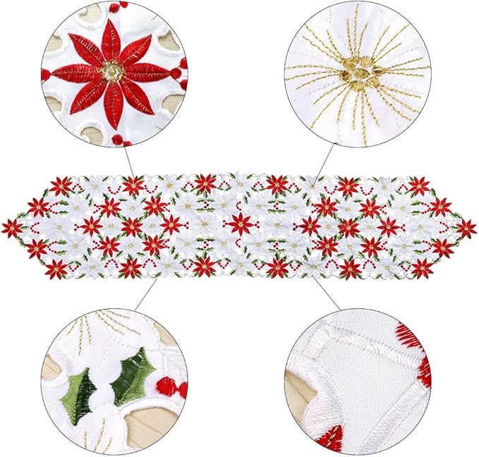 Runners Poinsettia Holly Leaf Table Linens for Christmas Decorations 15 x 70 Inch