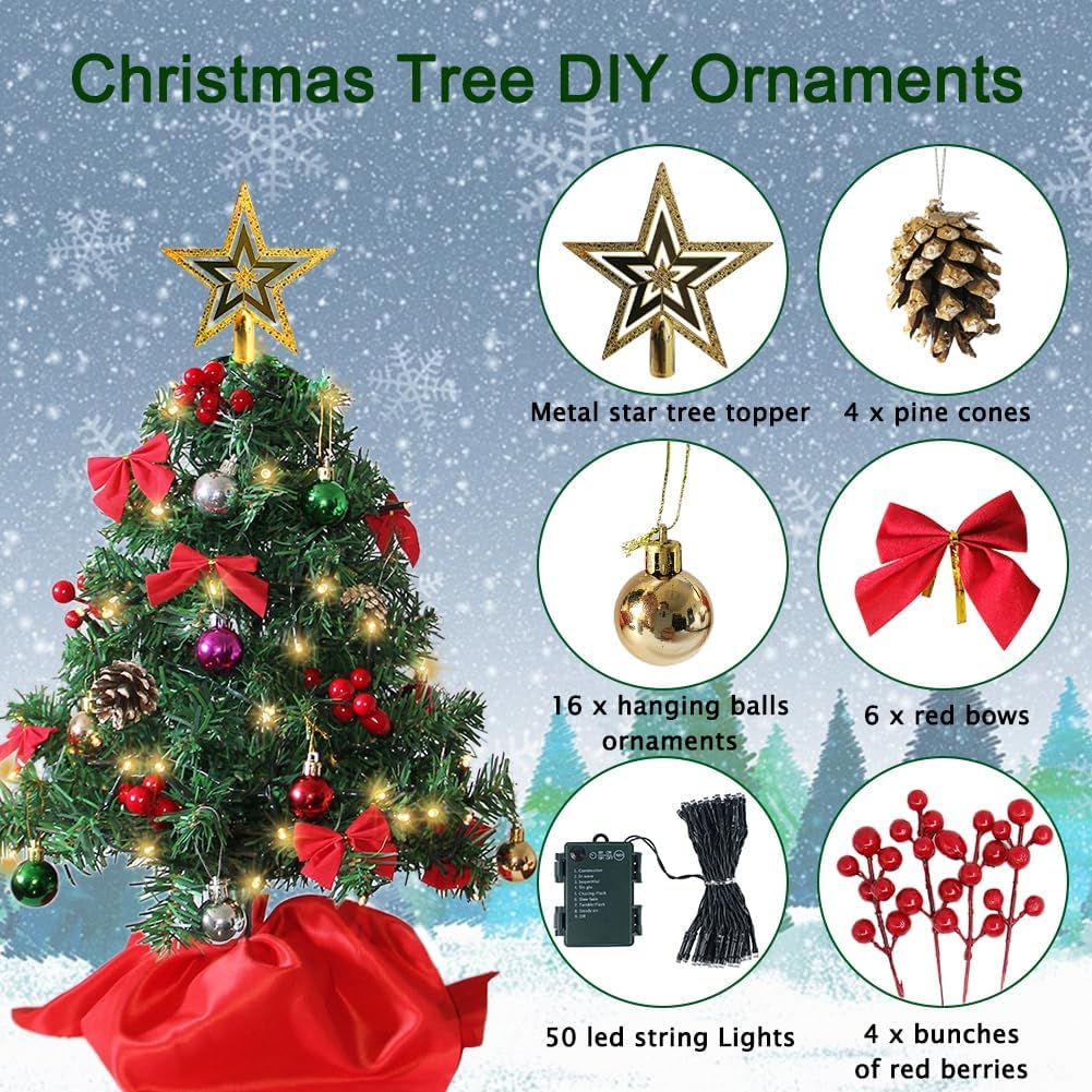 24 Inch Mini Christmas Tree Set, Table Top Artificial Christmas Trees with 50 LED Lights, Tree Topper, Ornaments and Red Berries, Best DIY Christmas Decorations