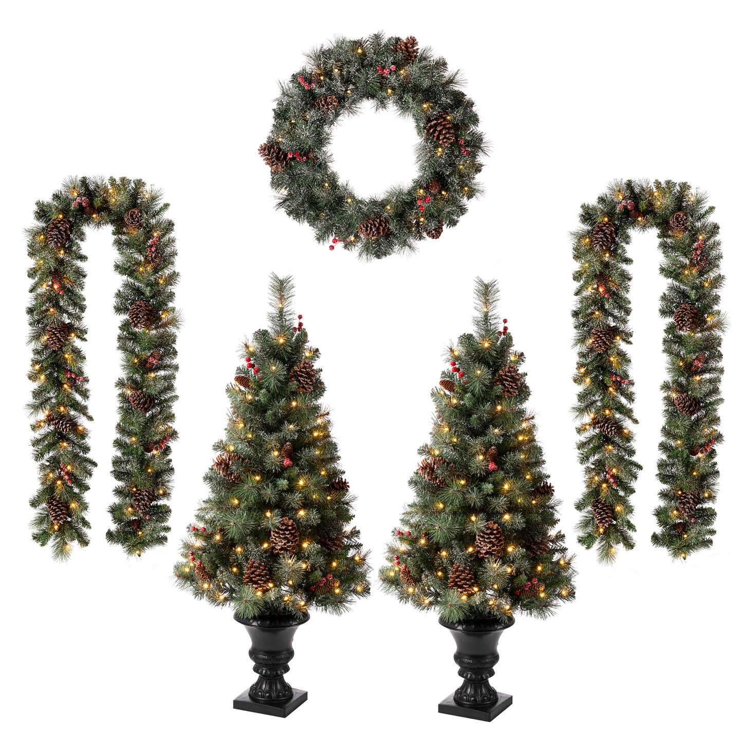 Set of 5 24&#x22;D Pre-Lit Glittered Pine Cone Christmas Wreath &#x26; 9FT Garland &#x26; 4FT Porch Tree Set