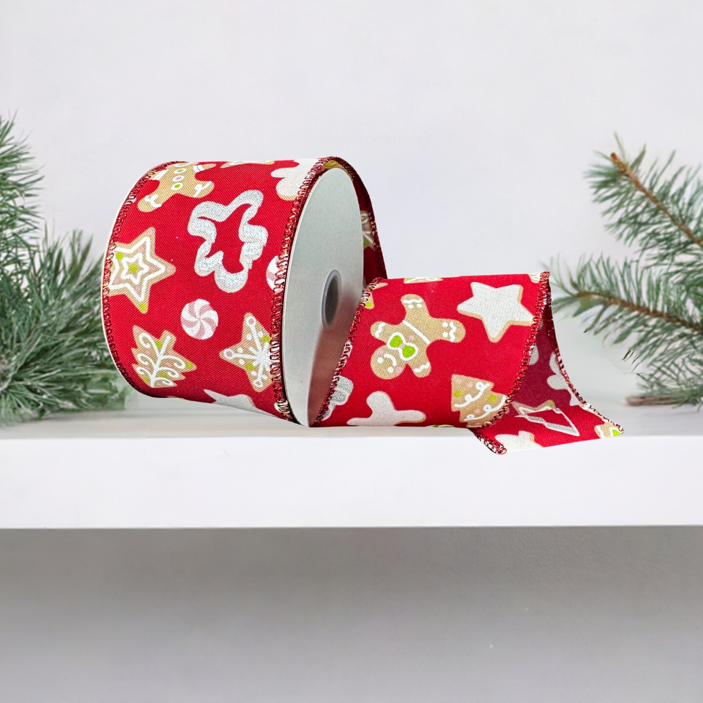 2.5&#x22; Gingerbread Cookie Cutout Ribbon: Red (10 Yards)