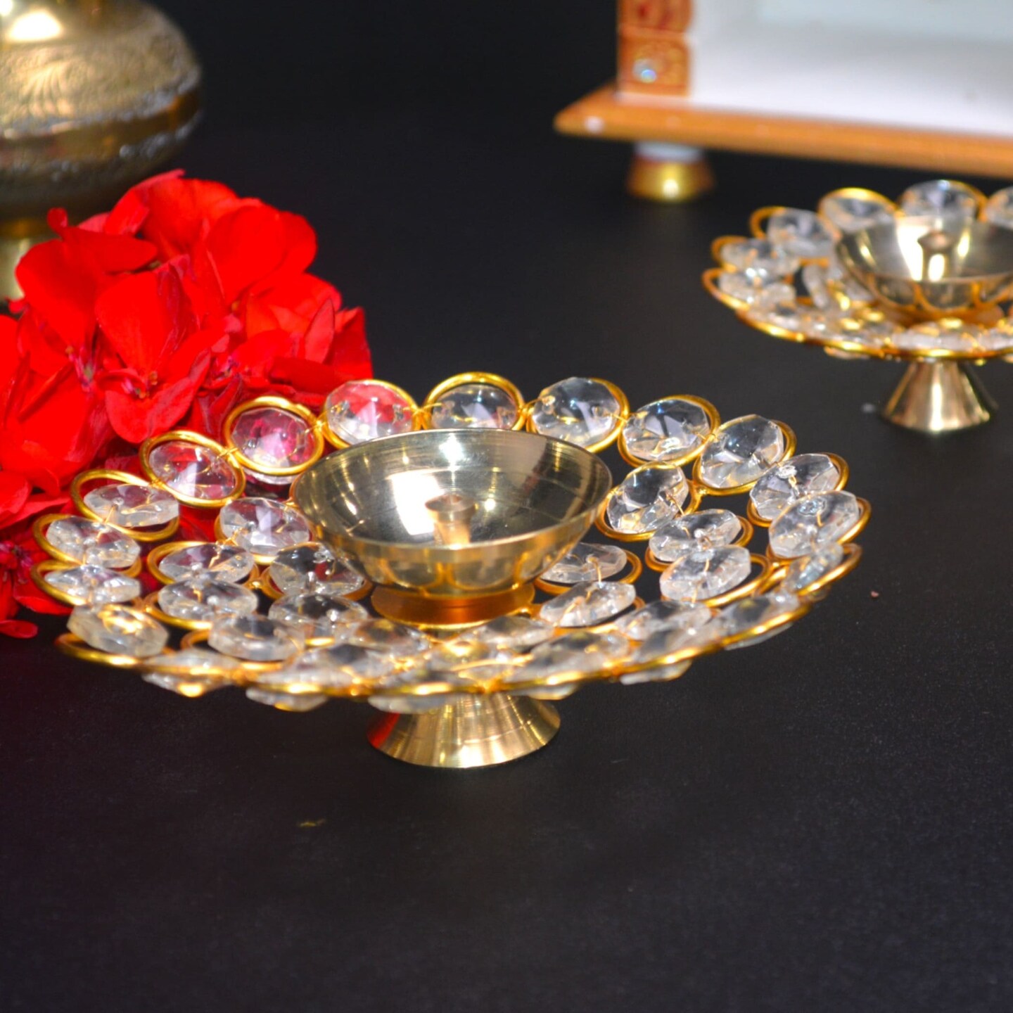 Brass Decorative Diya with Acrylic Glass Floral Design &#x2013; Diwali Diyas for Puja, Kuthu Vilakku, Home Temple Decor, Deepam, Deepawali Decoration, Lantern, Housewarming Return Gift