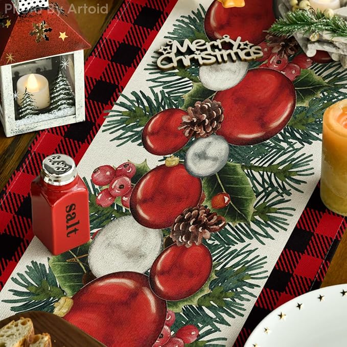 Balls Holly Christmas Table Runner, Winter Kitchen Dining Table Decoration for Outdoor Home Party 13x48 Inch