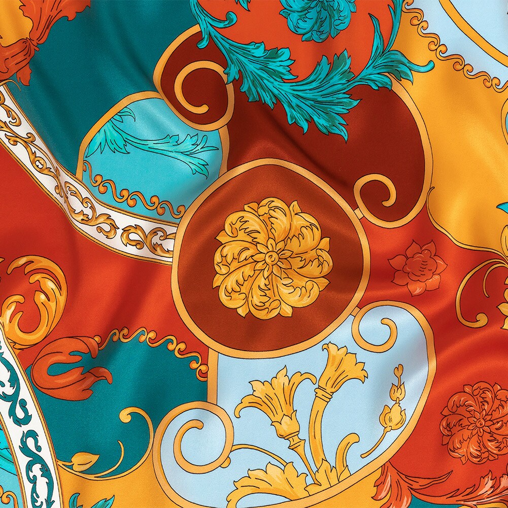 1 Yard Italian Ornate Silk Charmeuse Fabric Rust Orange &#x26; Aqua Print 53&#x22; Inches Wide