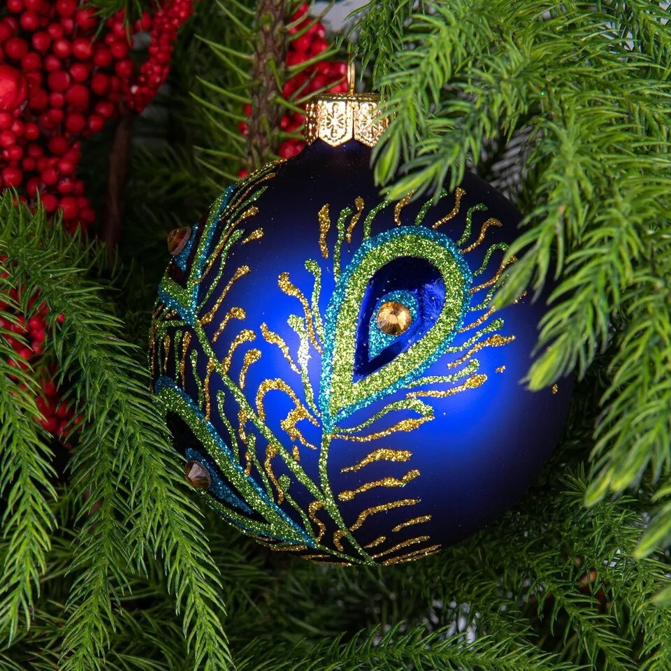Peacock Feather Blue Christmas Glass Ball Ornament Bauble Made in Ukraine 3&#x22;