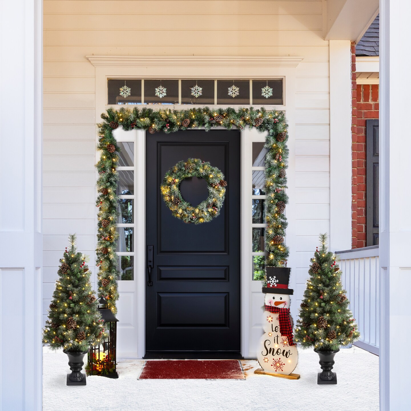 Set of 5 24&#x22;D Pre-Lit Glittered Pine Cone Christmas Wreath &#x26; 9FT Garland &#x26; 4FT Porch Tree Set