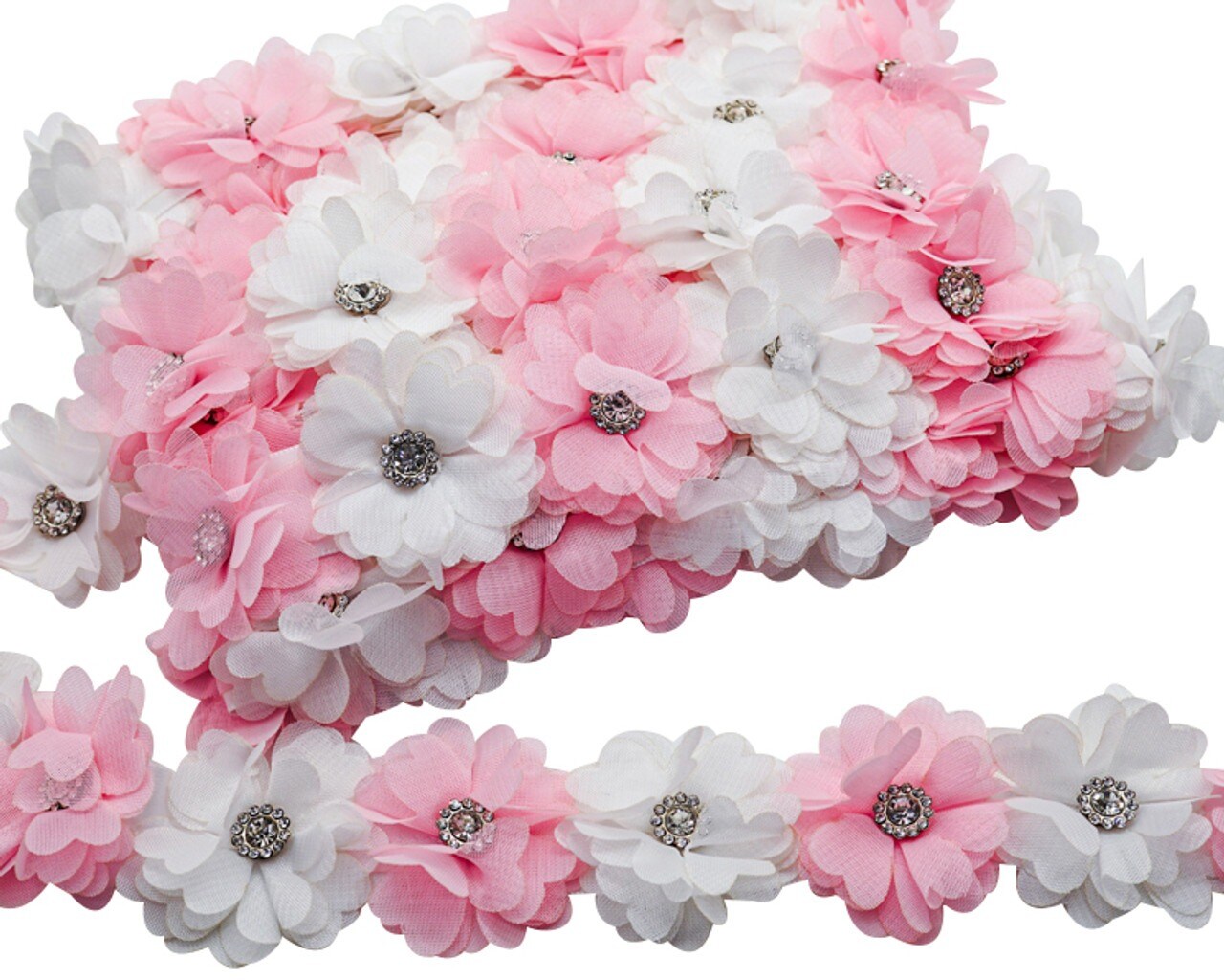 2&#x22; x 10 Yards Pink and White 3D Flower Rhinestone Organza Trim