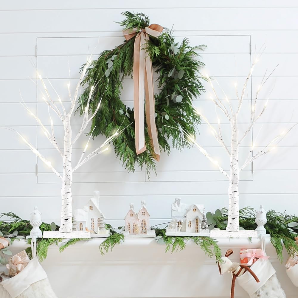 2 Pack 24” 2FT Lighted Birch Tree with 18LT Warm White LEDs, Christmas Decorations Indoor Battery Powered Timer, Money Tree for Winter Party Wedding Table Mantel Home Easter Decor
