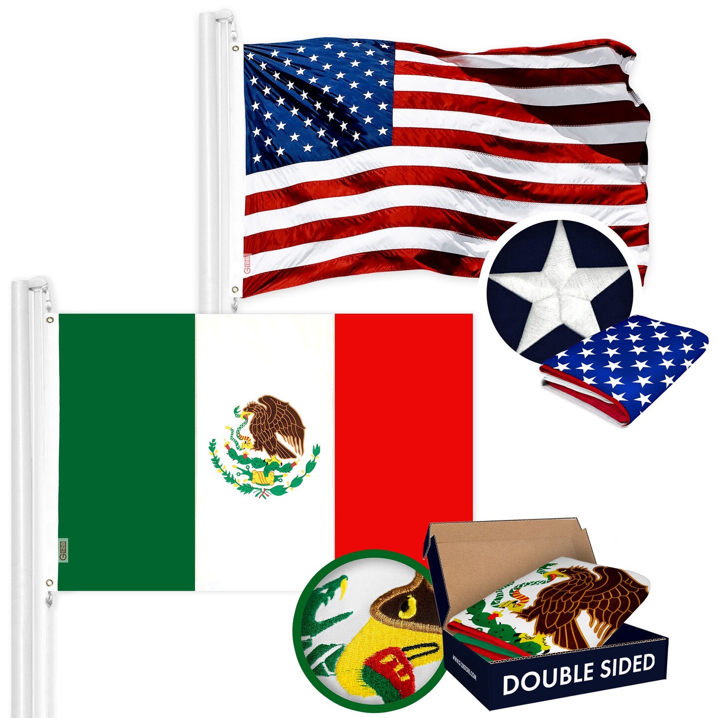 G128 Combo Pack: American USA Flag ToughWeave Series 2.5x4 Ft Single Sided &#x26; Mexico Mexican Flag Double Sided 2.5x4 Ft Double ToughWeave Series | Both Embroidered Polyester, Brass Grommets