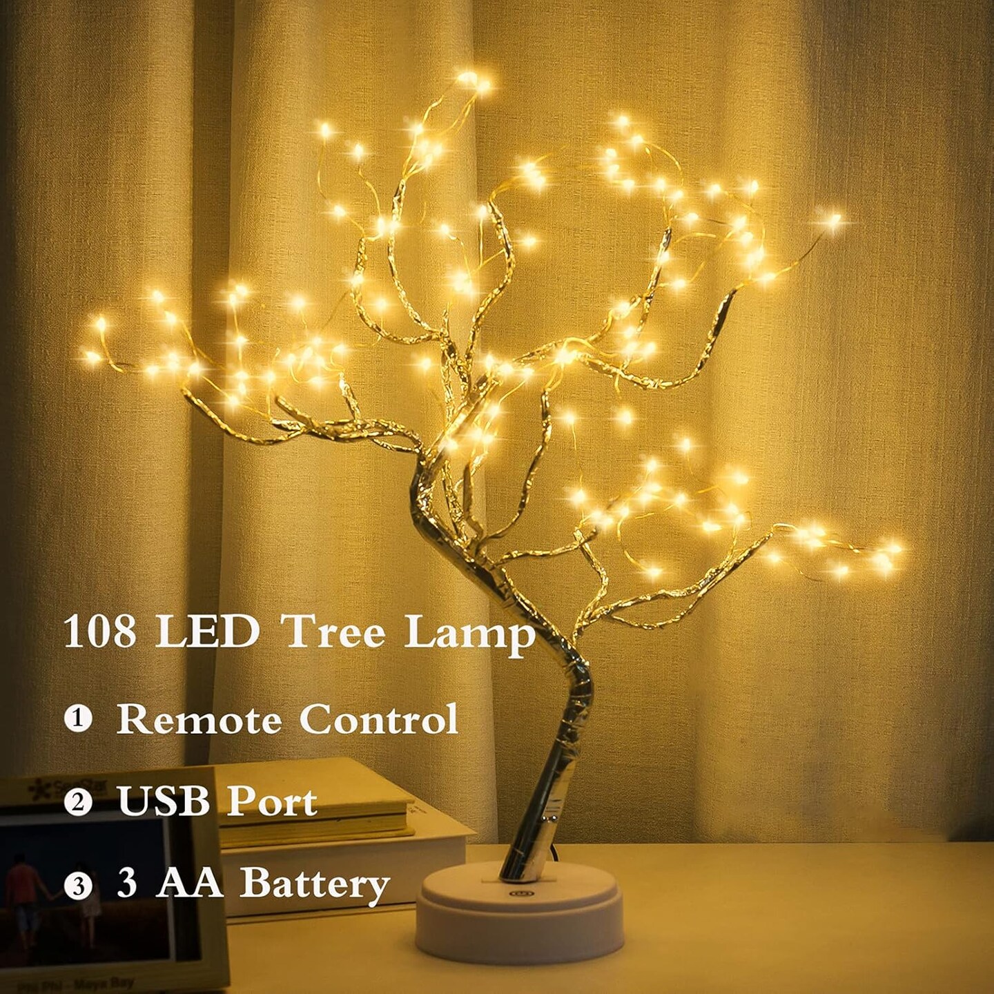 108 LED Sparkly Fairy Tree Lamp, Warm White, Remote Control, USB/Battery, 8 Modes, DIY Bonsai Decor, Festival Decoration Light