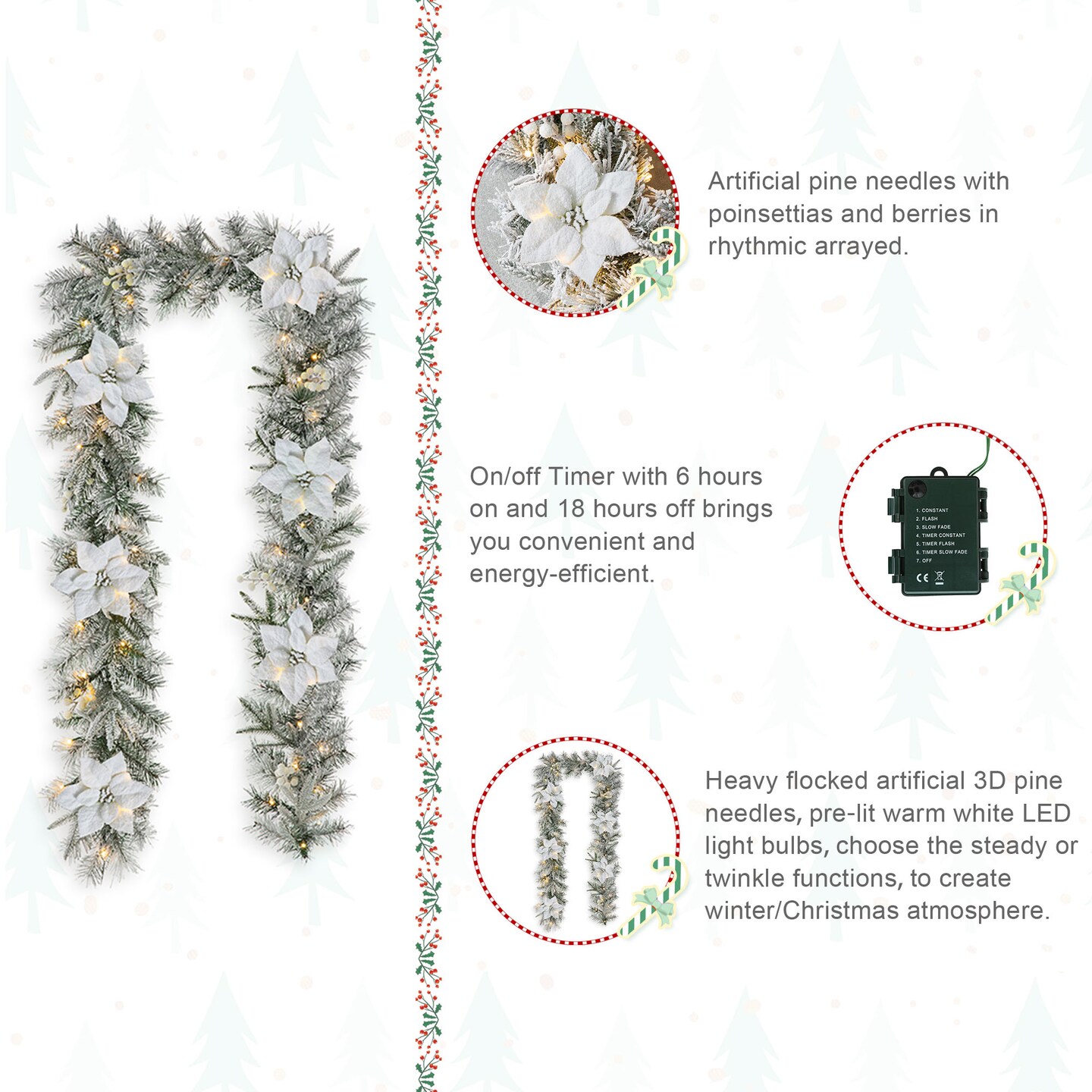 Set of 3 24&#x22;D Pre-Lit Christmas Wreath and 9FT Garland, with Warm White LED Lights with Timer, Three Function