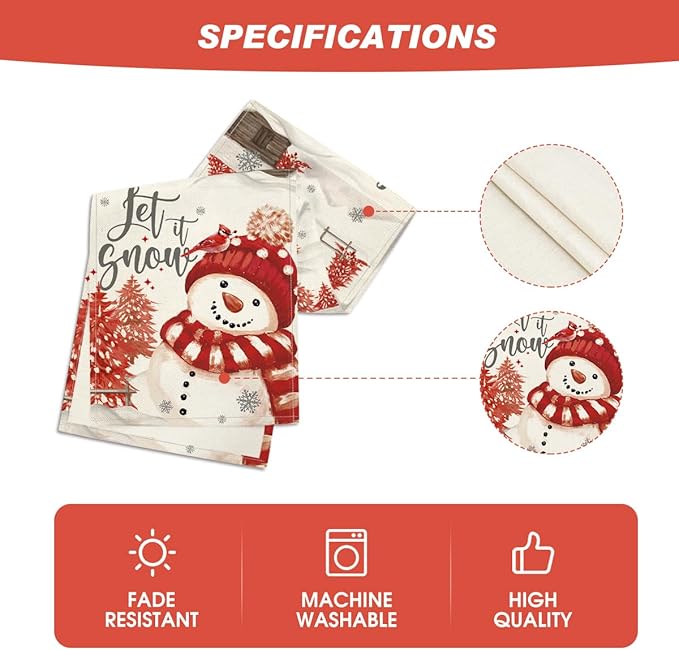 Snowman Christmas Table Runner, Seasonal Winter Holiday Kitchen Dining Table Decoration for Home Party Decor 13x72 Inch