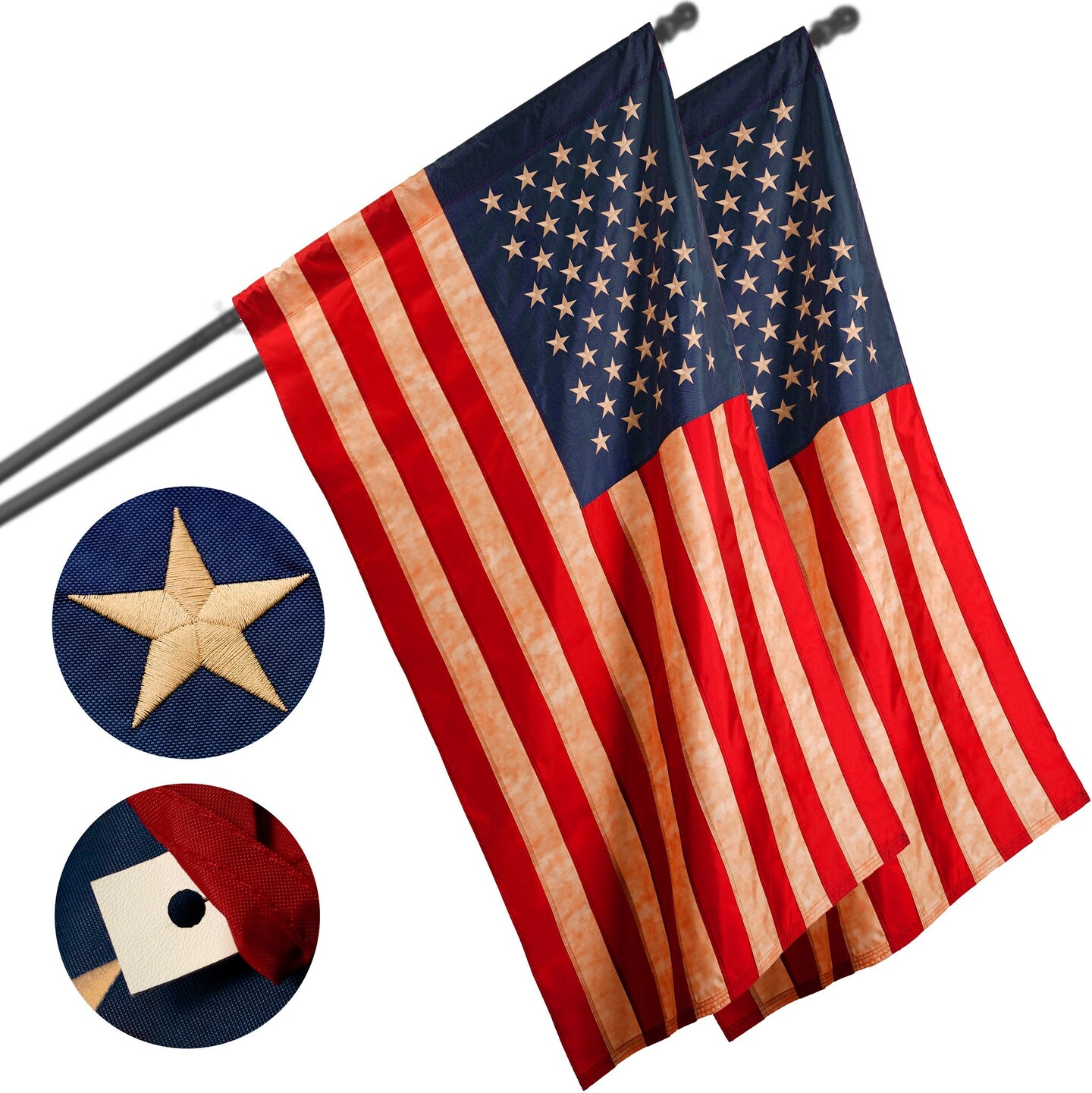 G128 2 Pack: American USA Tea-Stained Flag | 1x1.5 Ft | ToughWeave Pro Series Pole Sleeve Embroidered 420D Polyester | Embroidered Stars