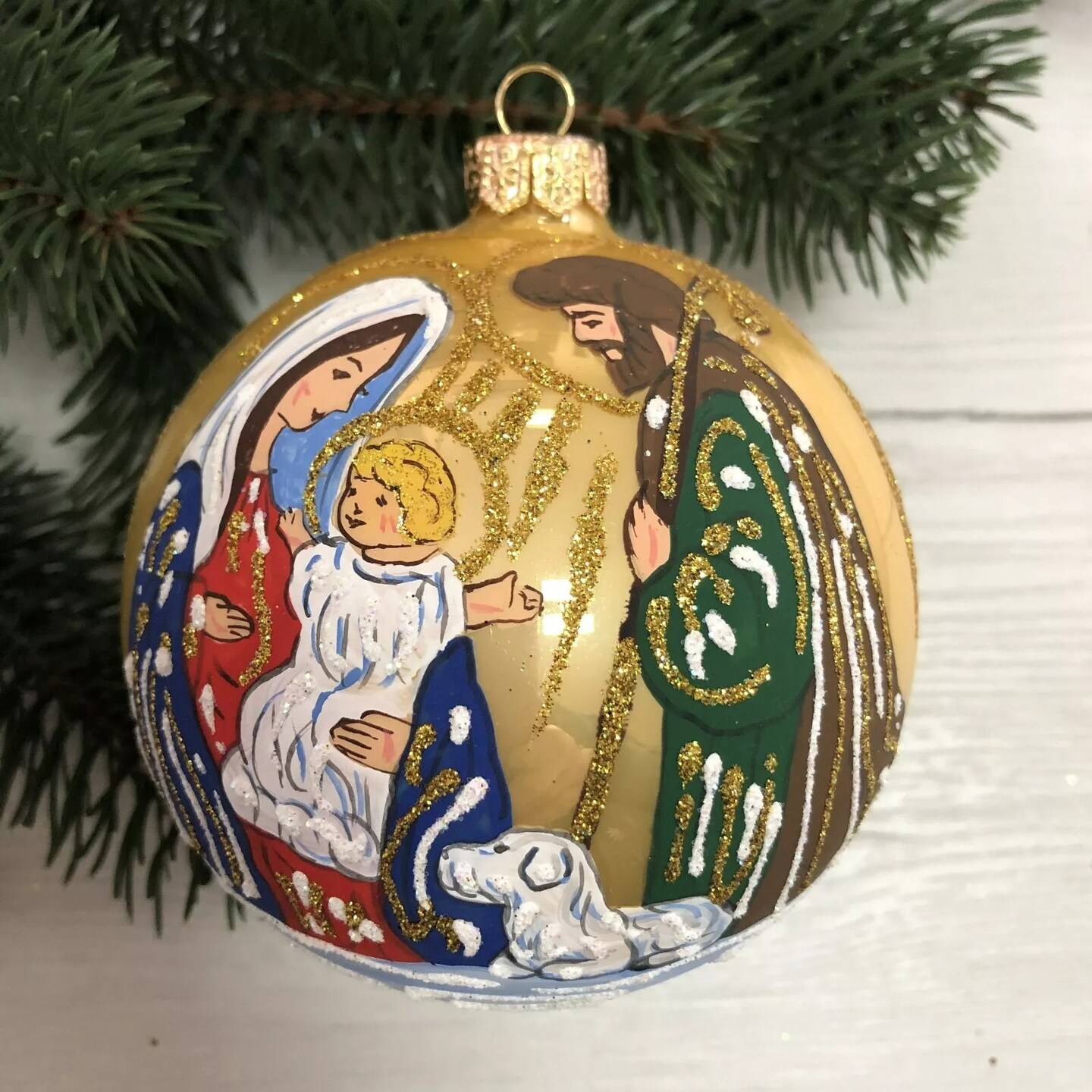 Nativity Scene Gold Glass Christmas Ball Ornament Bauble Handblown in ...