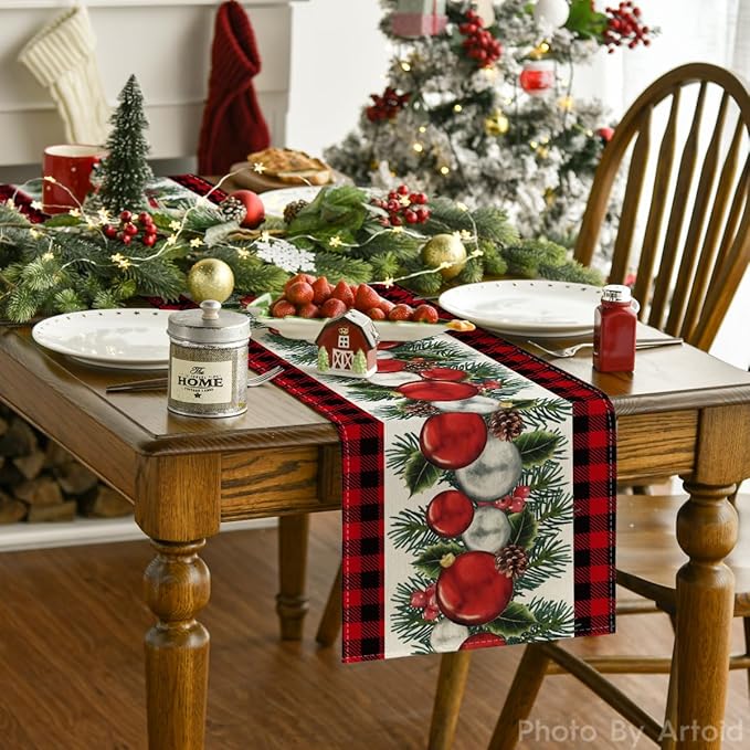 Balls Holly Christmas Table Runner, Winter Kitchen Dining Table Decoration for Outdoor Home Party 13x48 Inch