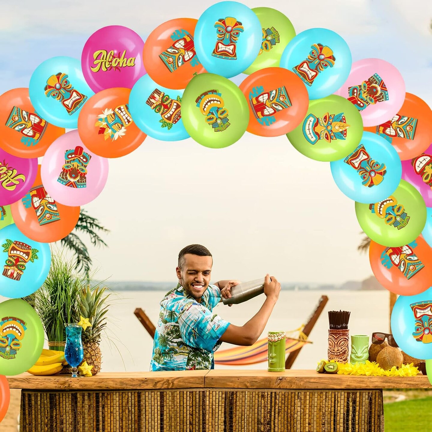 45 Pcs Hawaiian Party Decorations Tropical Tiki Balloons (Aqua Blue, Rose Red, Orange, Light Pink, Light Green)